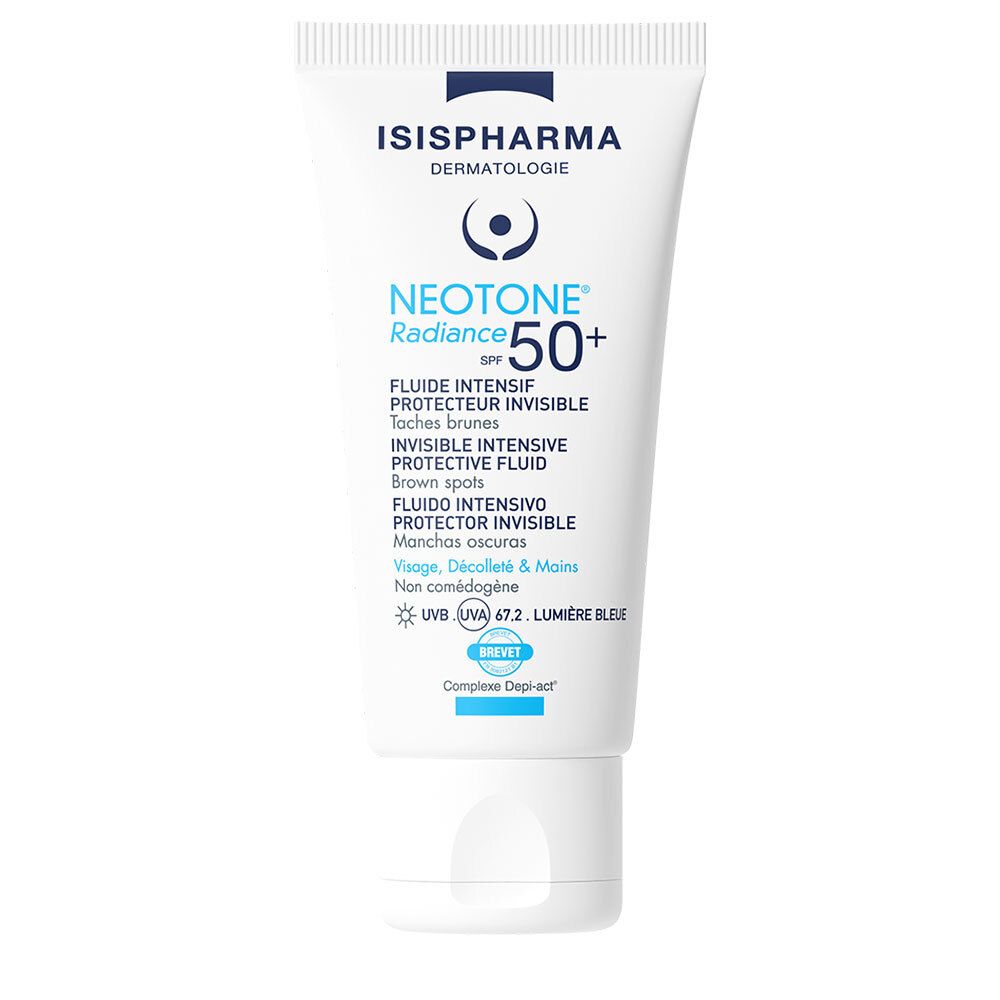 Weiße Tube mit blauer Schrift. Enthält ISISPHARMA Dermatologie NEOTONE Radiance SPF50+. Text: Fluide Intensif Protecteur Invisible.