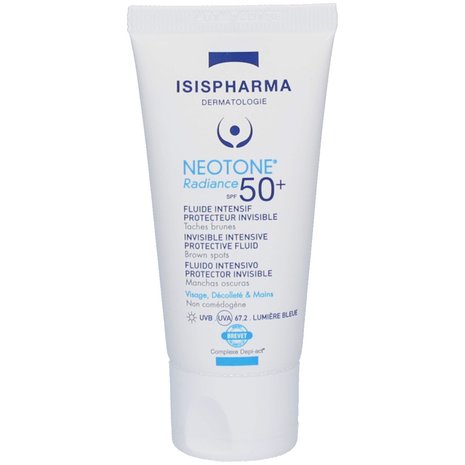 Weiße Tube mit blauer Schrift. Enthält ISISPHARMA Dermatologie NEOTONE Radiance SPF50+. Text: Fluide Intensif Protecteur Invisible.