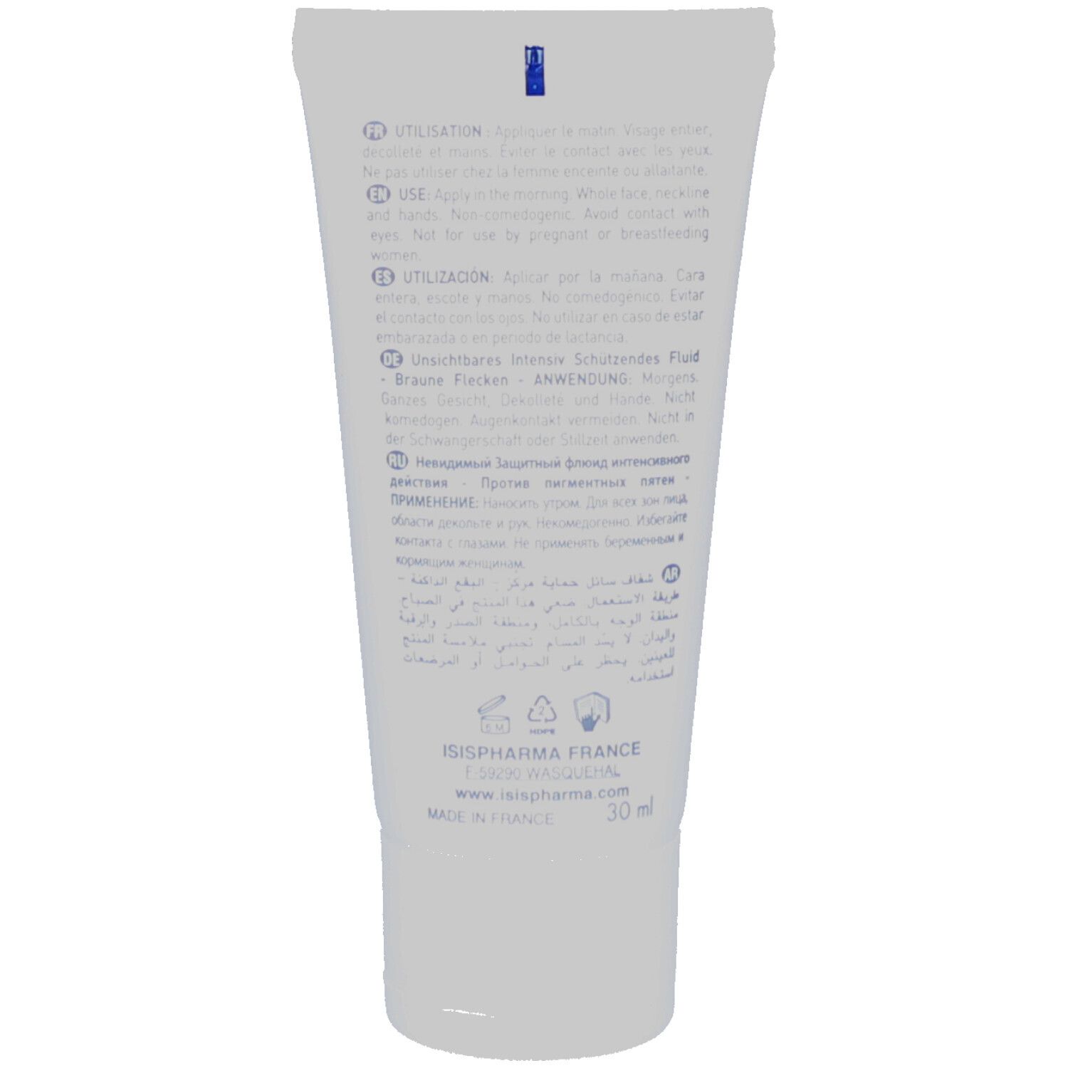 Rückseite der weißen Tube. Text in mehreren Sprachen. Enthält Informationen zu Anwendung und Inhaltsstoffen. Marke: ISISPHARMA.