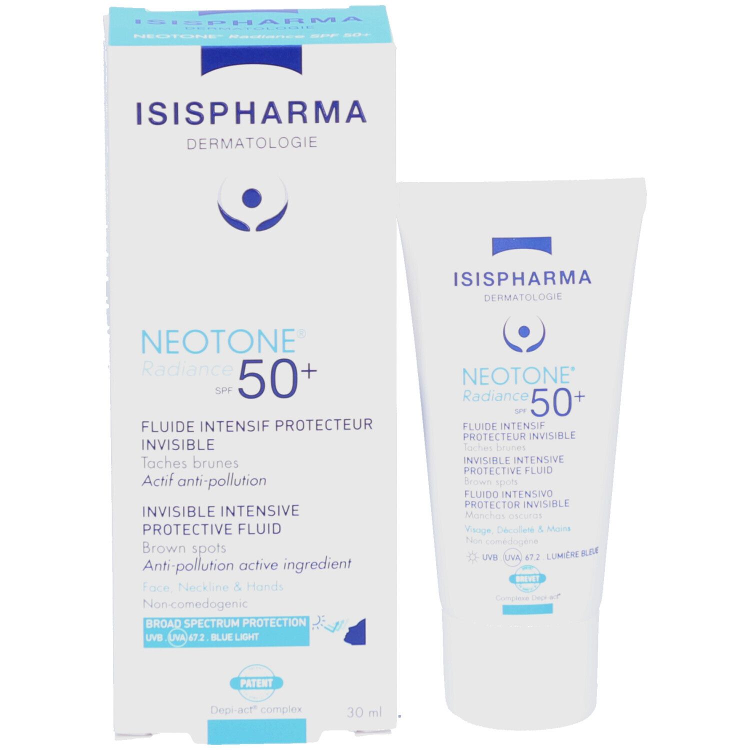 Produktverpackung und Tube. Enthält ISISPHARMA Dermatologie NEOTONE Radiance SPF50+. Text: Fluide Intensif Protecteur Invisible. 30 ml.
