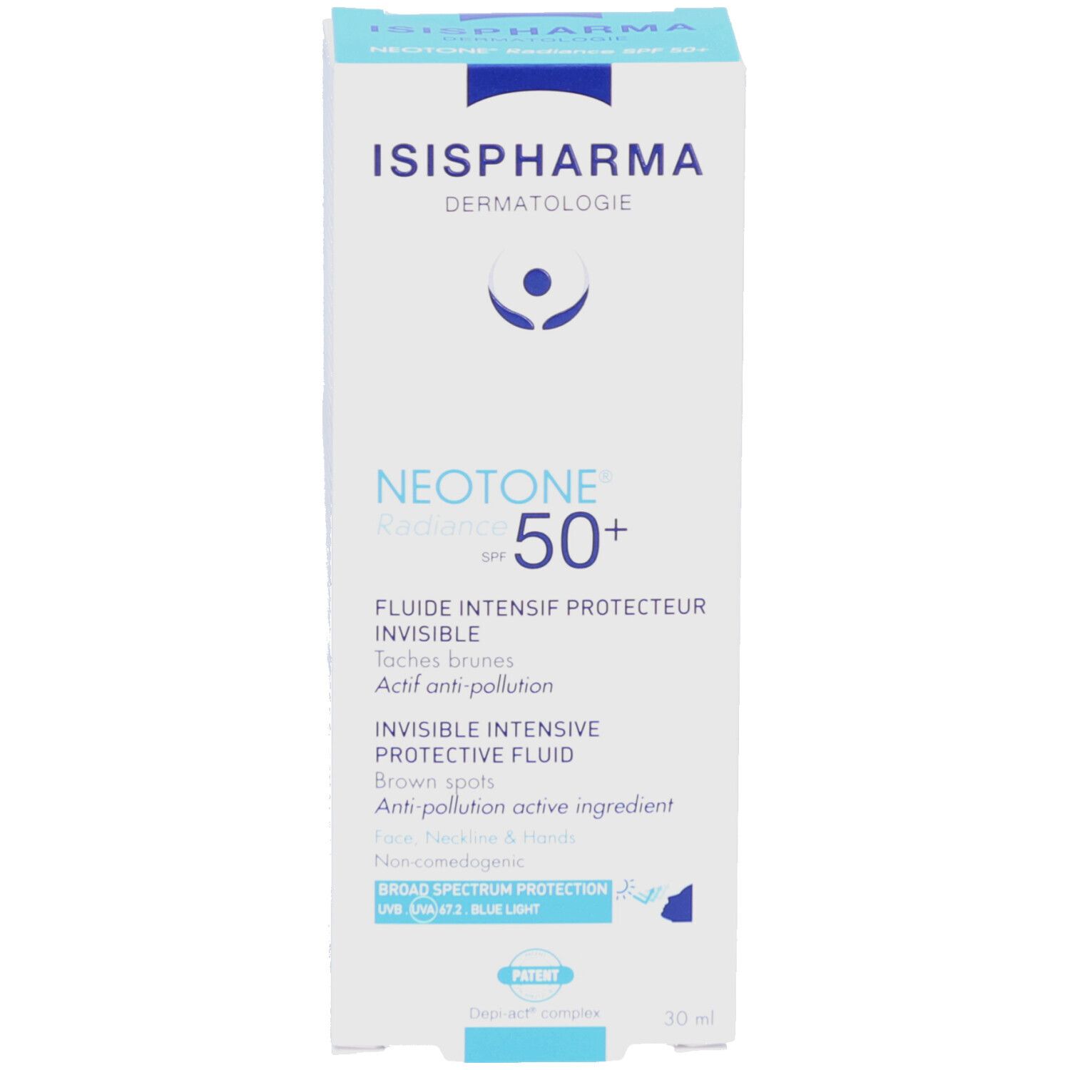 Produktverpackung. Enthält ISISPHARMA Dermatologie NEOTONE Radiance SPF50+. Text: Fluide Intensif Protecteur Invisible. 30 ml.