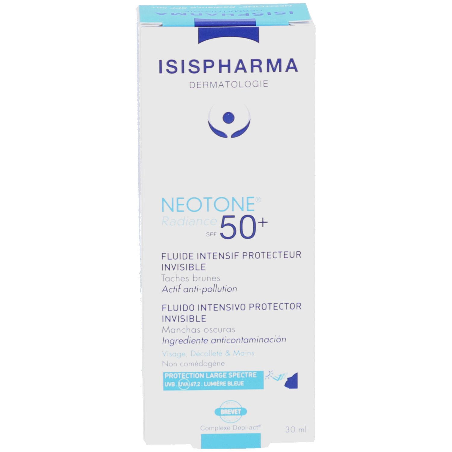 Produktverpackung. Enthält ISISPHARMA Dermatologie NEOTONE Radiance SPF50+. Text: Fluide Intensif Protecteur Invisible. 30 ml.