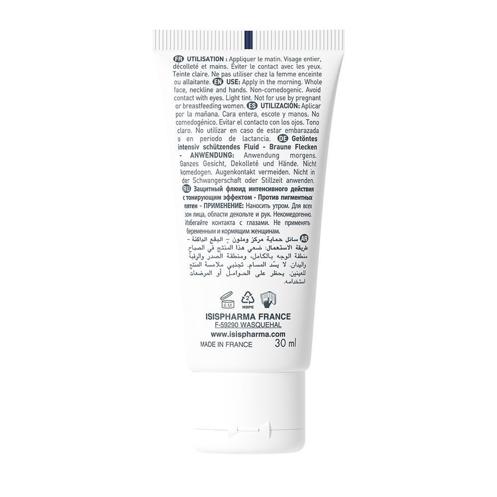 Rückseite der weißen Tube. Text in mehreren Sprachen. Enthält Informationen zu Anwendung und Inhaltsstoffen. Marke: ISISPHARMA.