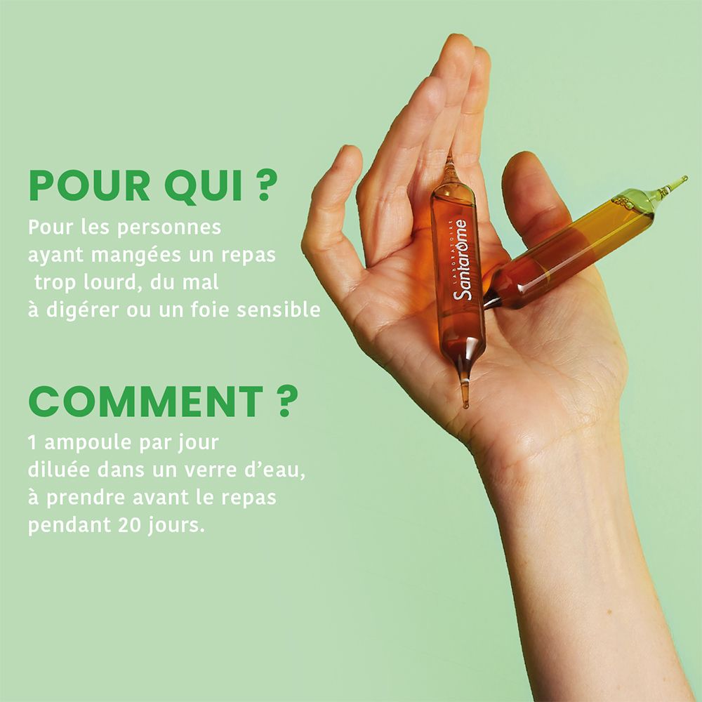 Hand hält zwei Ampullen. Text: Pour qui? Comment? 1 Ampulle pro Tag. 20 Tage.