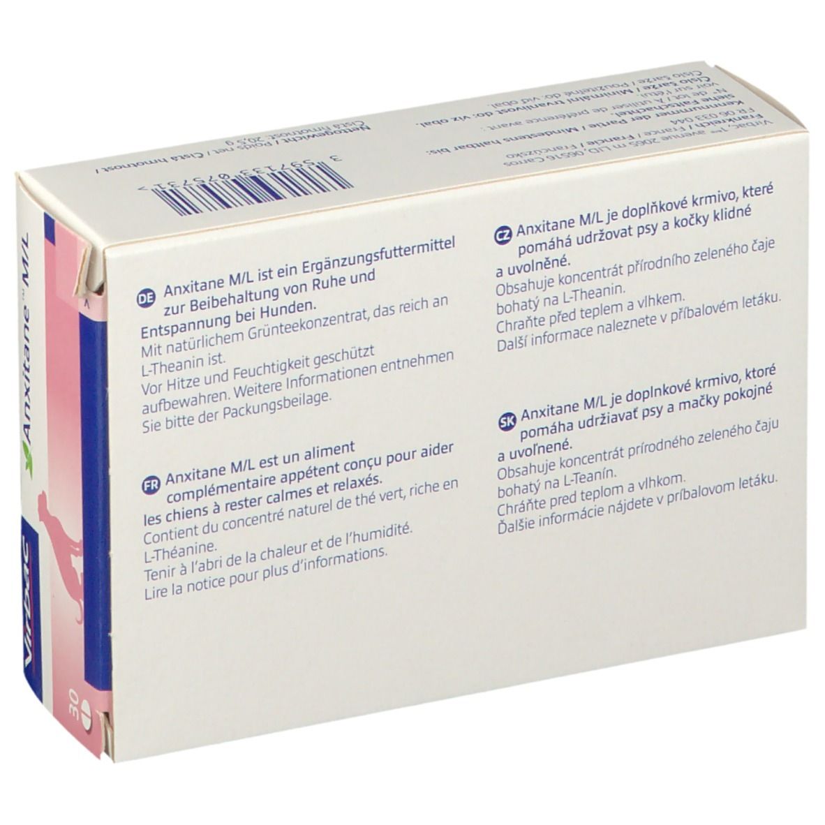 Dos de l'emballage Anxitane M/L. Texte multilingue. Informations du fabricant.