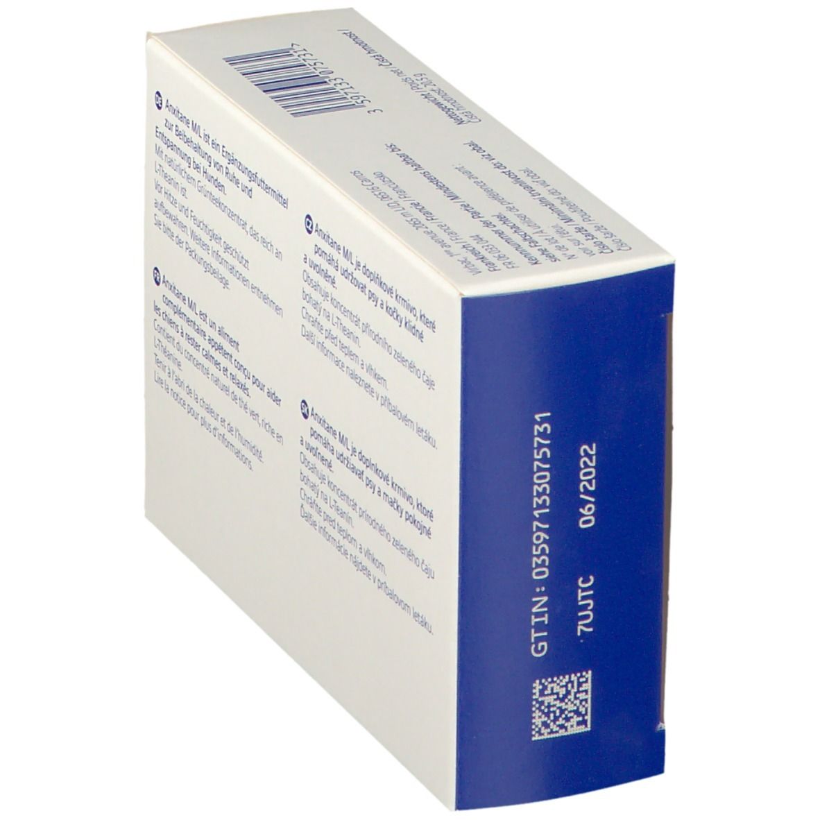 Vue arrière de l'emballage Anxitane M/L. Texte et code-barres. Indication de date.