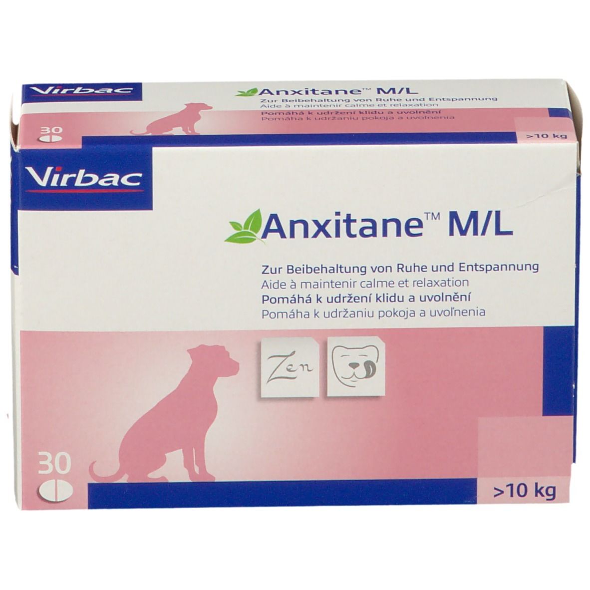 Boîte de Anxitane M/L. Contient 30 comprimés. Boîte rose et blanche avec nom et logo du produit.