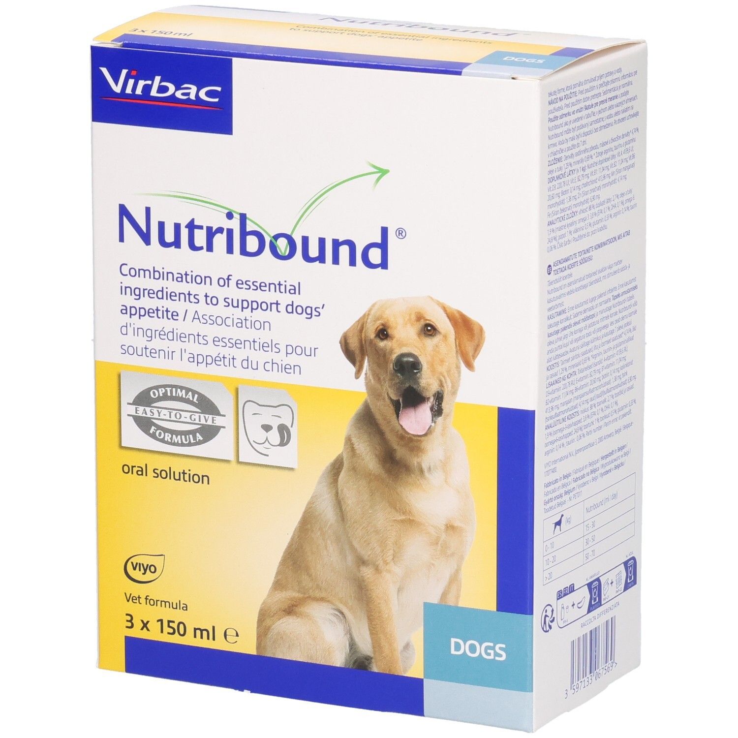 Karton mit Produktabbildung und Text. Enthält Nutribound für Hunde. Marke Virbac. Gelb-weißes Design mit Hund.