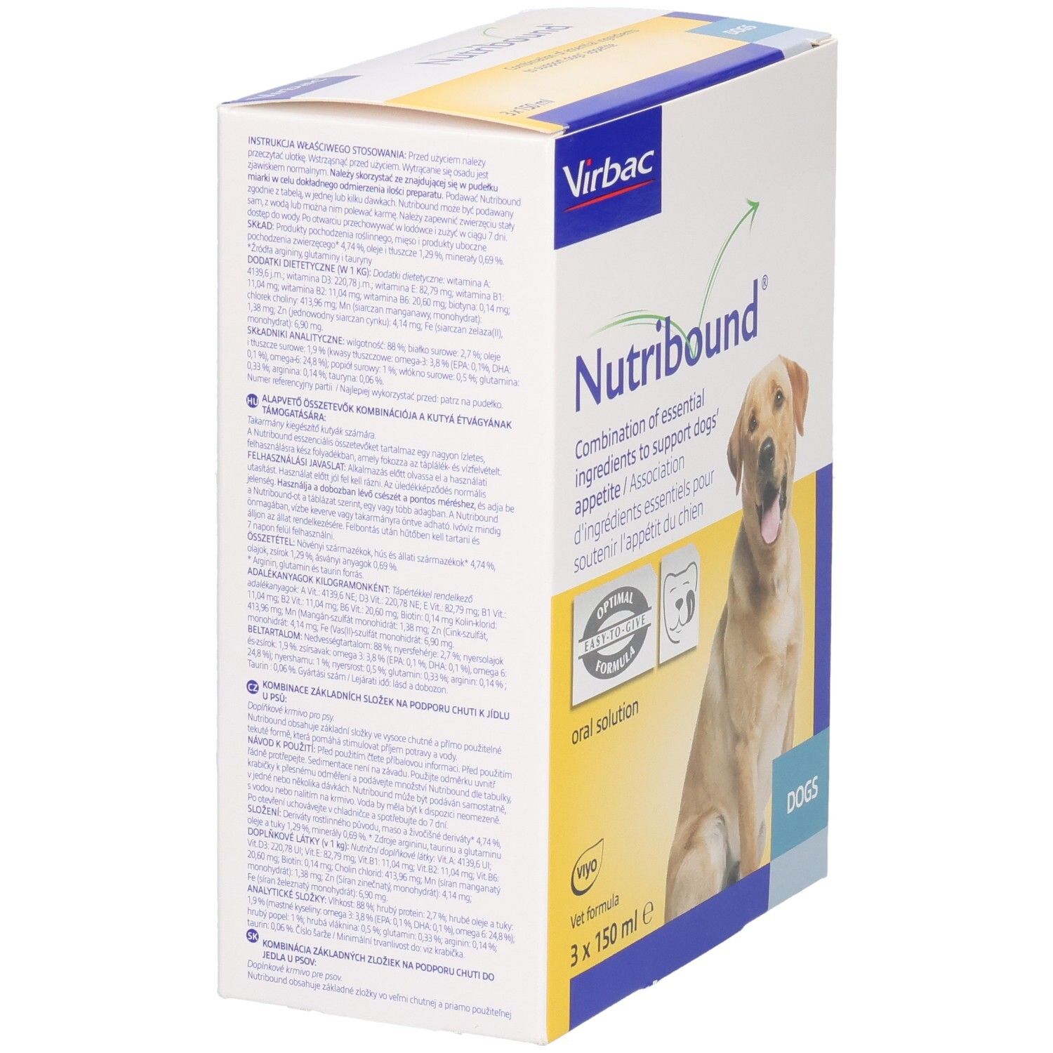 Karton mit Text und Inhaltsangaben. Marke Virbac. Enthält Nutribound für Hunde. Rückansicht der Verpackung.