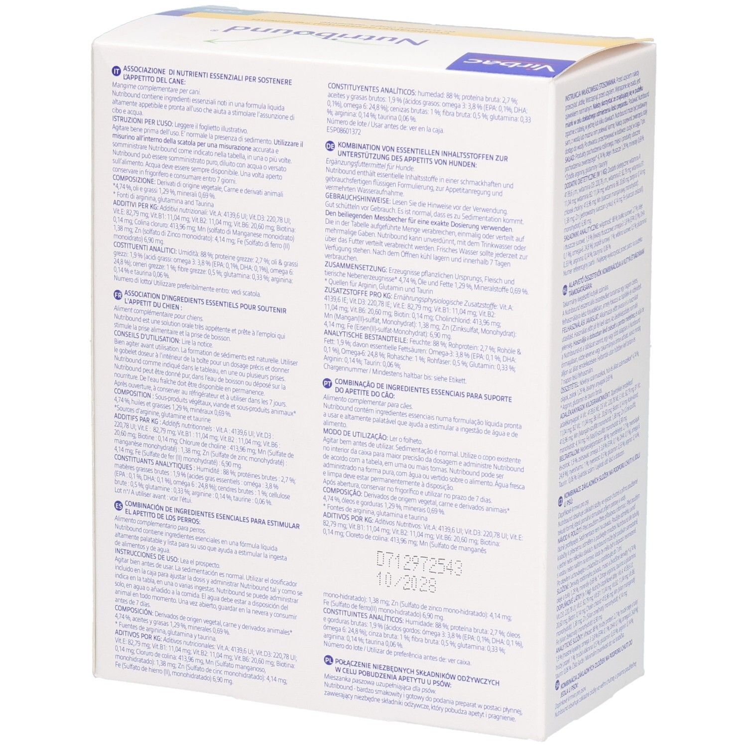 Karton mit Text und Inhaltsangaben. Marke Virbac. Enthält Nutribound für Hunde. Rückansicht der Verpackung.