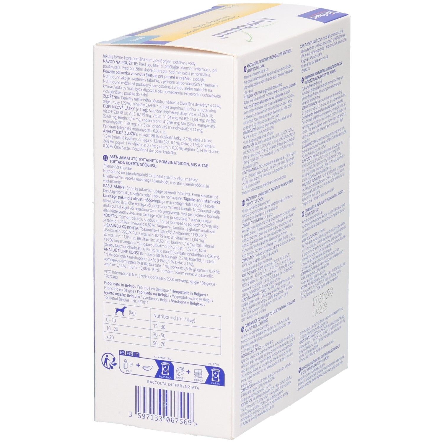 Karton mit Text und Inhaltsangaben. Marke Virbac. Enthält Nutribound für Hunde. Seitenansicht der Verpackung.