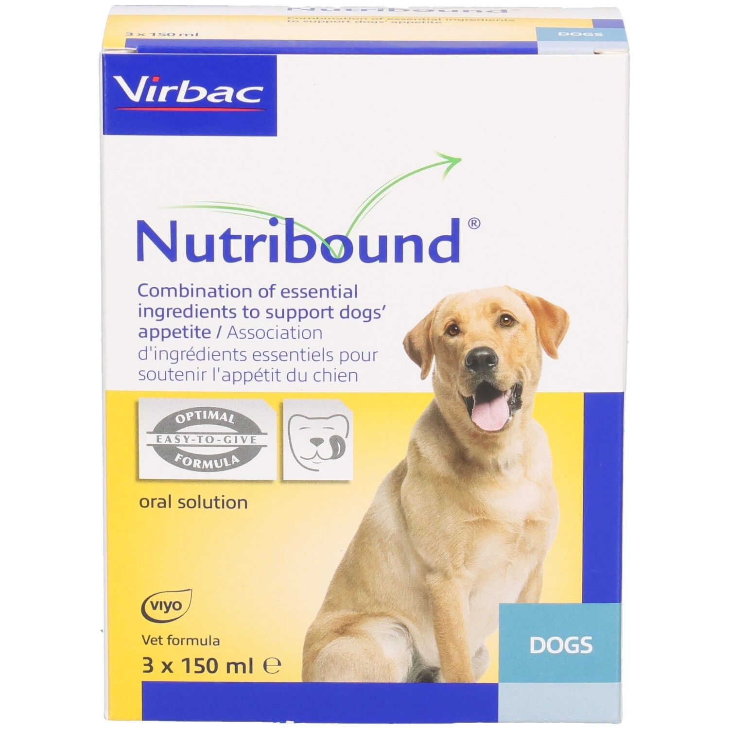 Karton mit Produktabbildung und Text. Enthält Nutribound für Hunde. Marke Virbac. Gelb-weißes Design mit Hund.