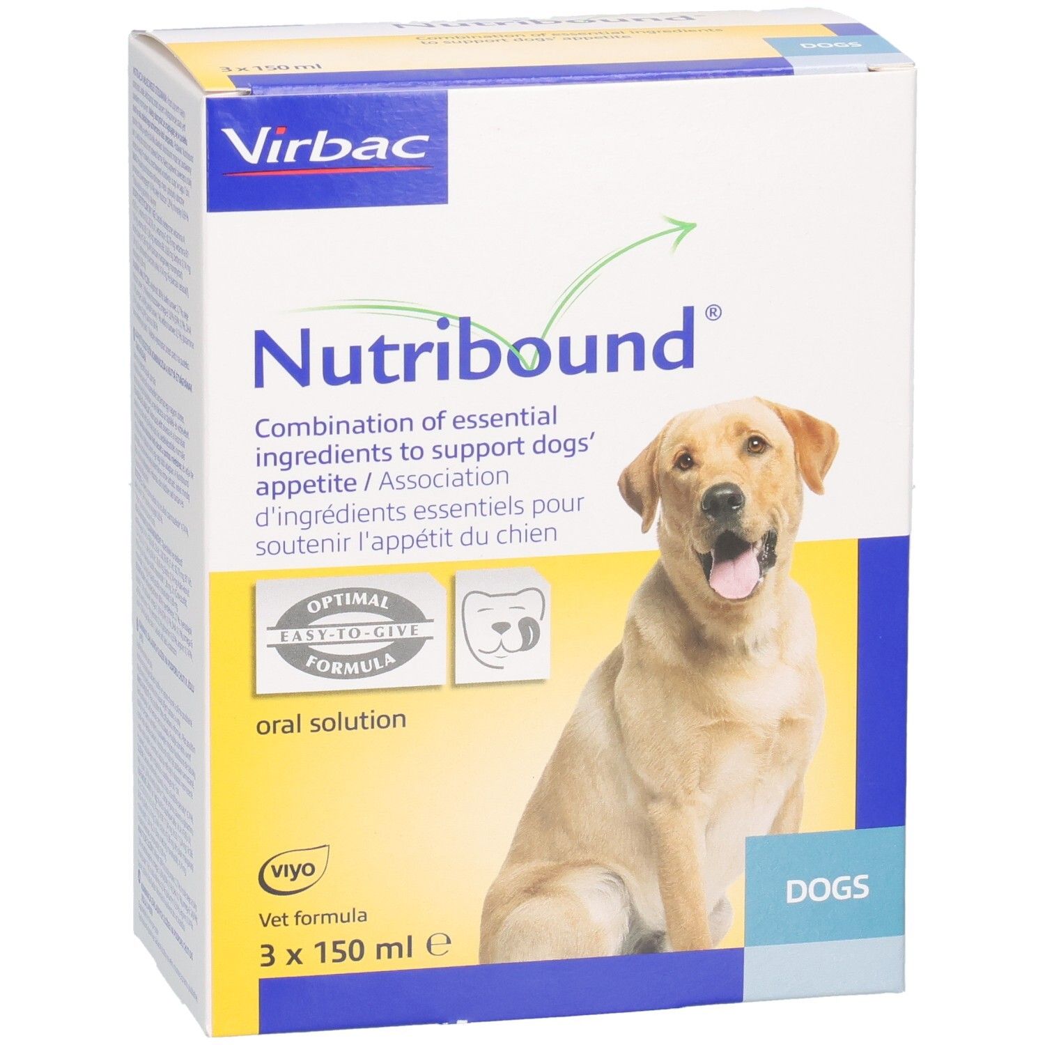 Karton mit Produktabbildung und Text. Enthält Nutribound für Hunde. Marke Virbac. Gelb-weißes Design mit Hund.