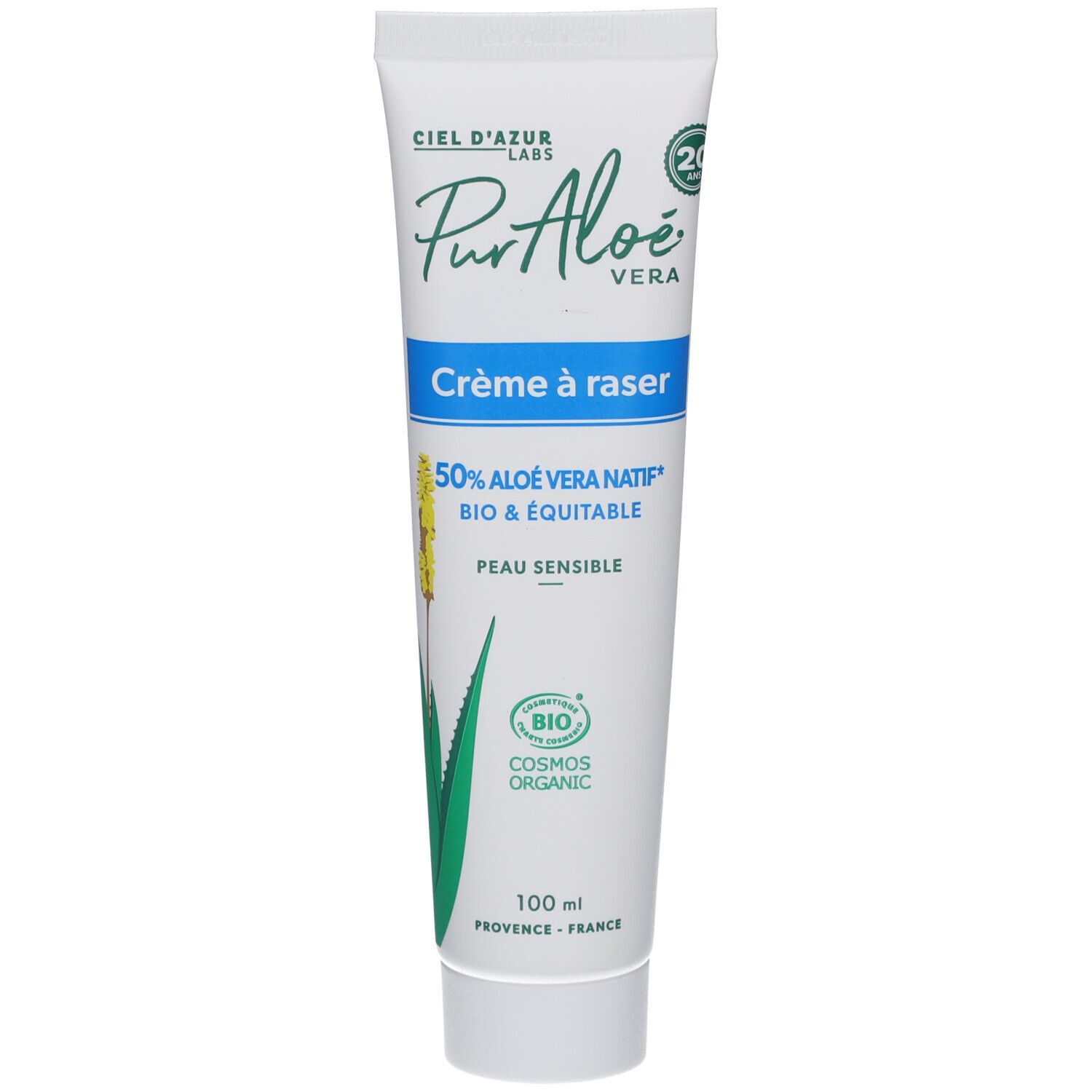 Weiße Tube mit CIEL D'AZUR PurAloé Crème à raser. Blaue Schrift, 50% Aloe Vera, Bio-Siegel. 100 ml.