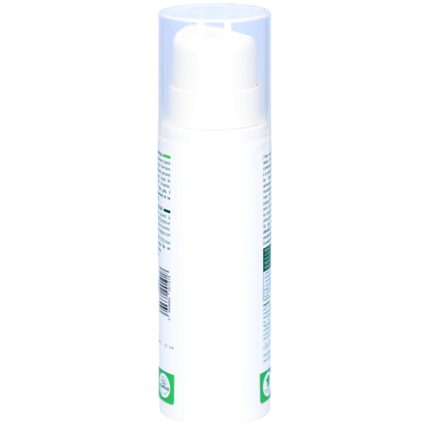 Weiße Flasche mit Pumpverschluss, Seitenansicht. Text und Logos sind sichtbar. Bio-Zertifizierung.