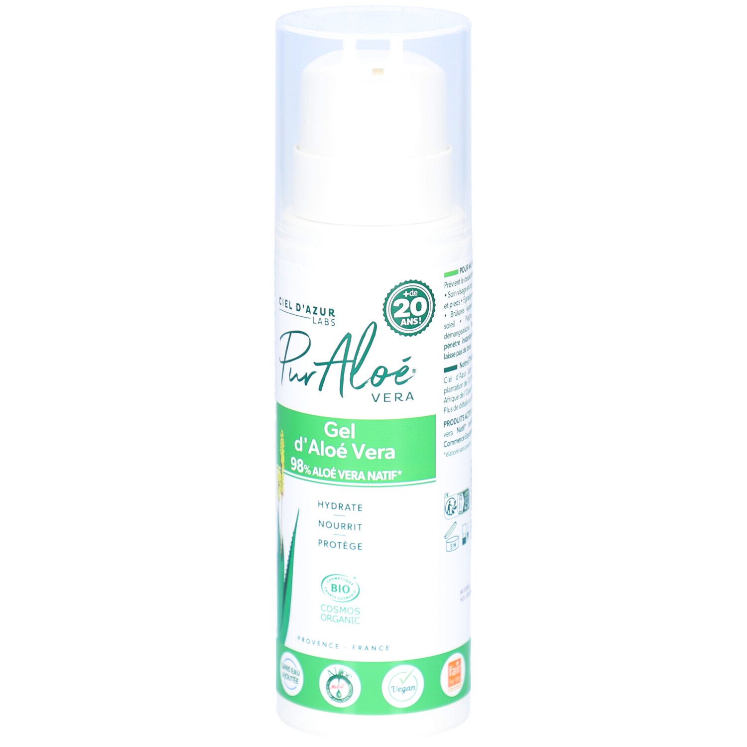 Weiße Flasche mit Pumpverschluss. Aufschrift: CIEL D'AZUR, PurAloé Vera, Gel d'Aloé Vera 98% Aloe vera natif. Bio-Zertifizierung.