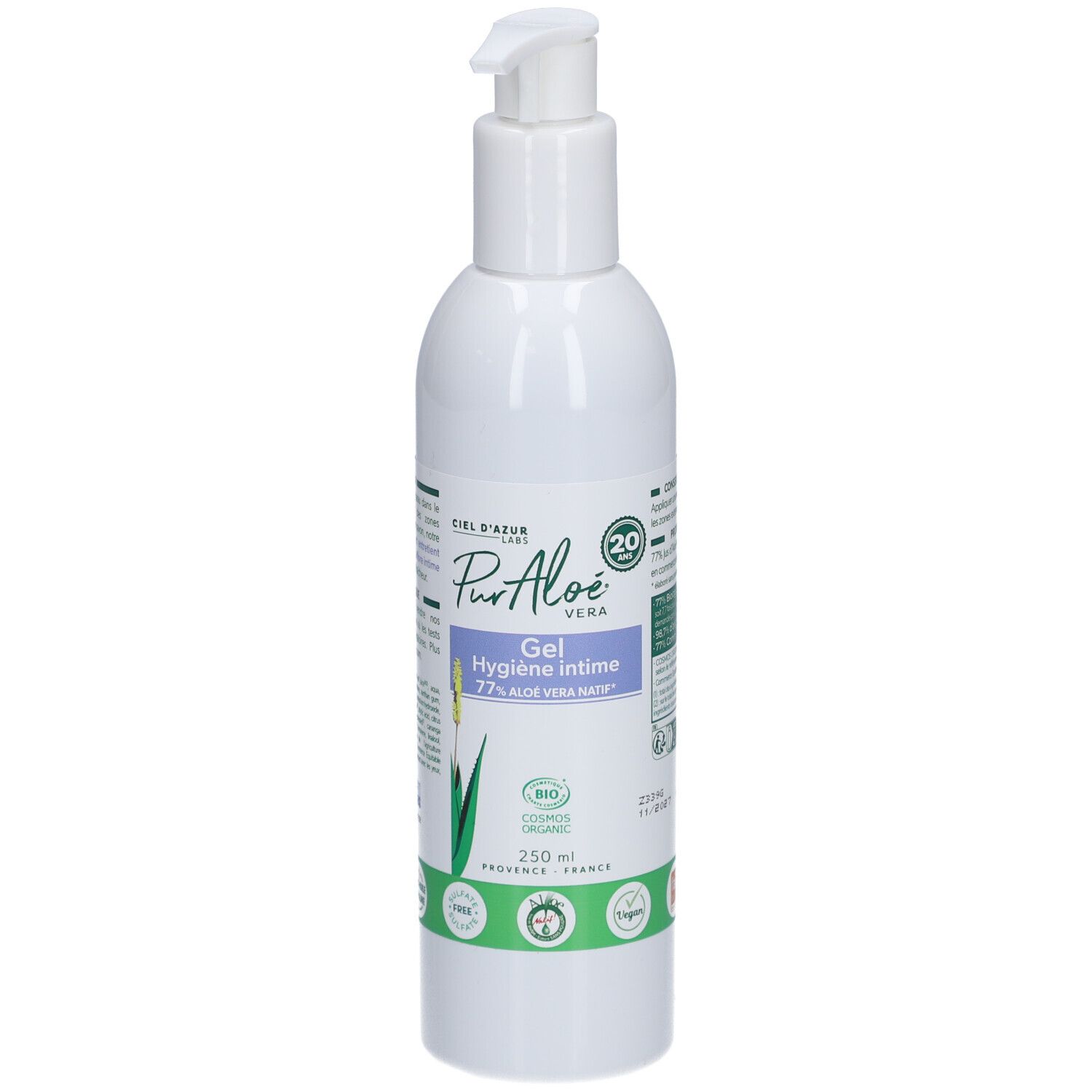Weiße Flasche mit Spender. Aufschrift: CIEL D'AZUR, PurAloe Vera Gel Hygiène Intime. Bio-Zertifizierung.