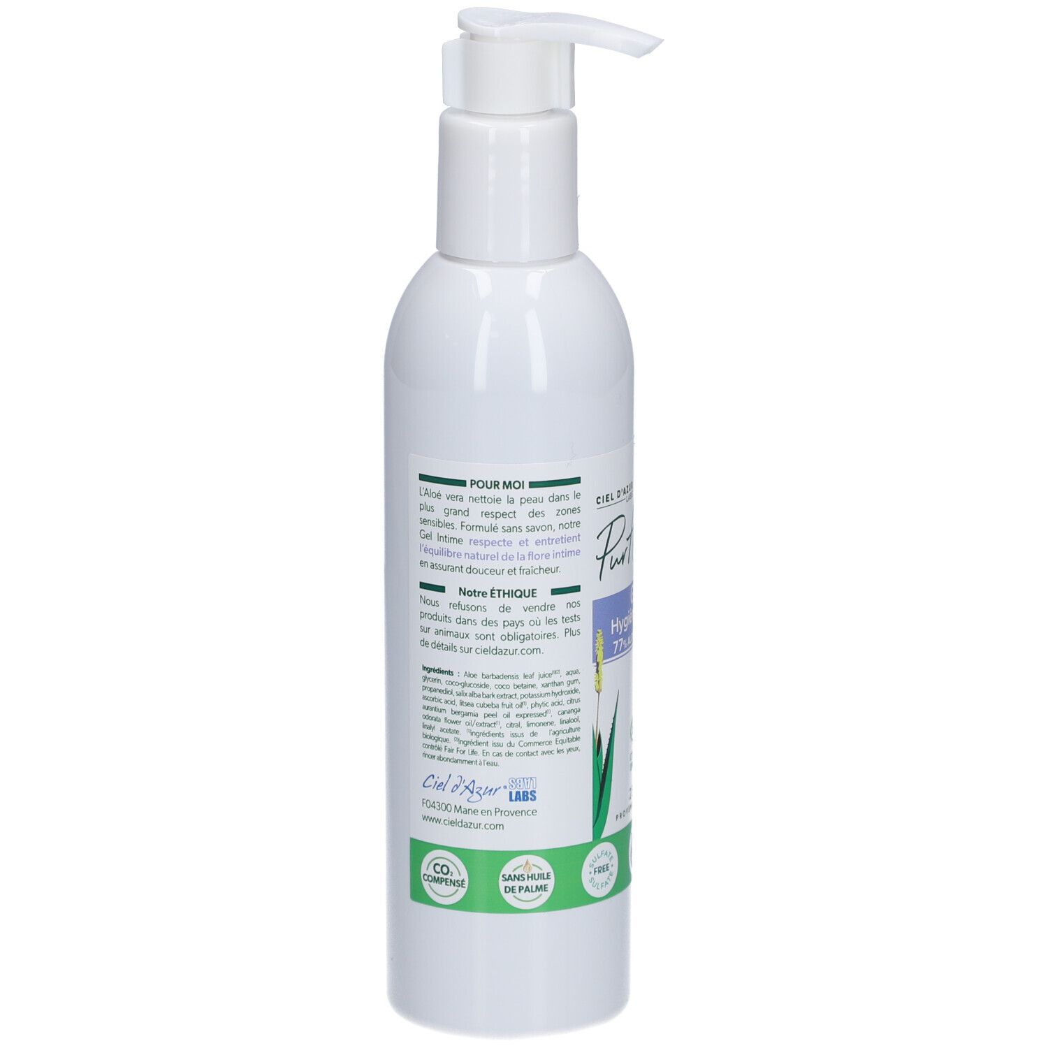 Rückseite der weißen Flasche. Text über Inhaltsstoffe und Ethik. Logos für CO2-Kompensation und nachhaltige Produktion.