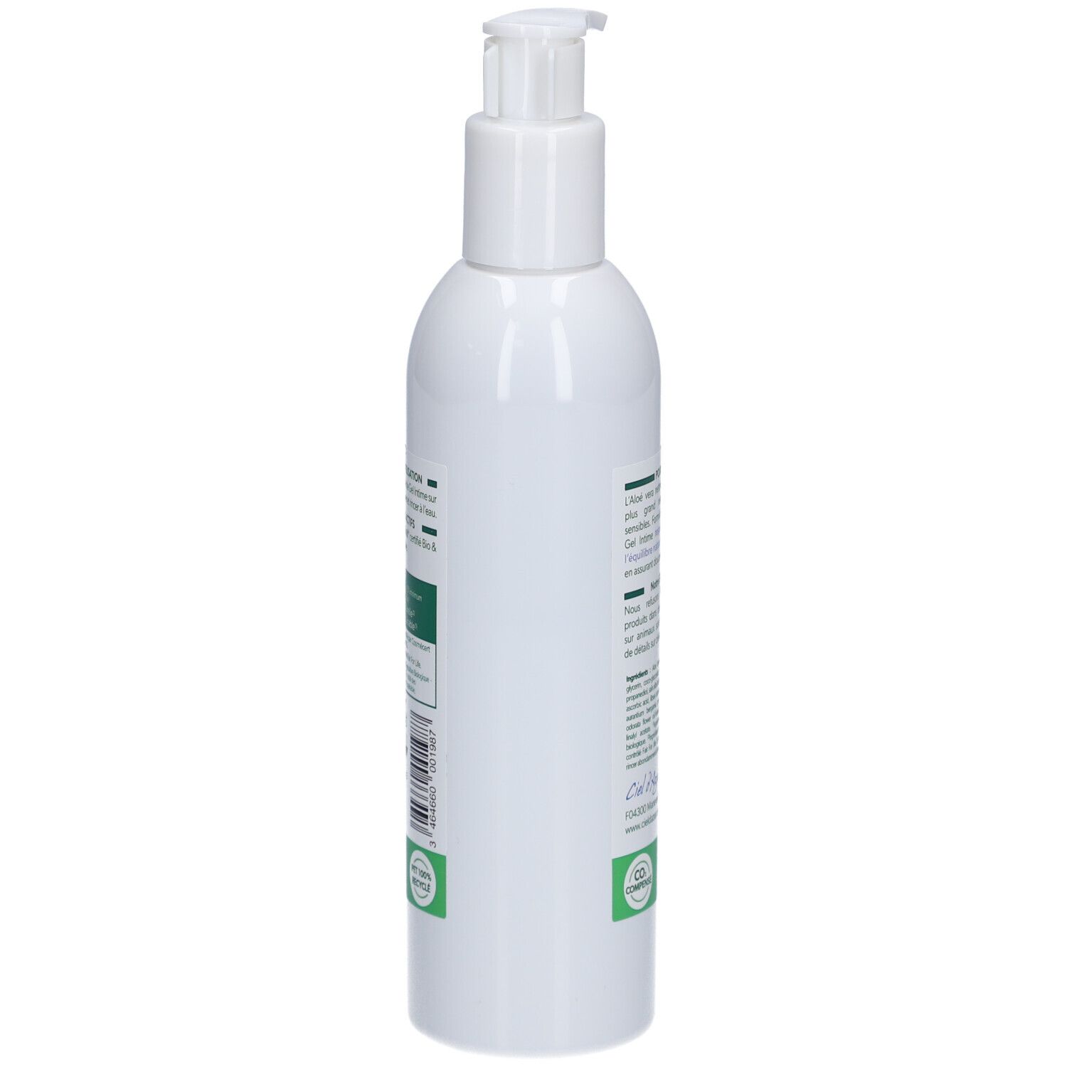 Seitenansicht der weißen Flasche. Text und Barcode. Logos für Bio-Zertifizierung und nachhaltige Produktion.