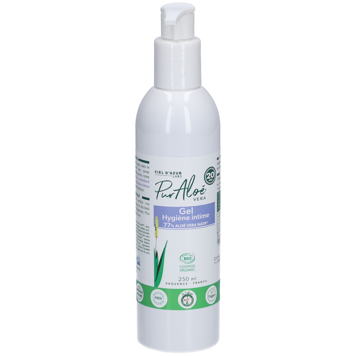 Weiße Flasche mit Spender. Aufschrift: CIEL D'AZUR, PurAloe Vera Gel Hygiène Intime. Bio-Zertifizierung.