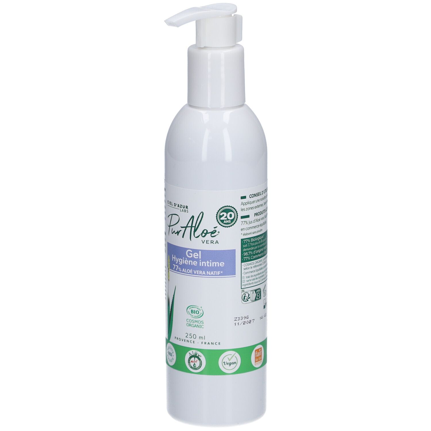Weiße Flasche mit Spender. Aufschrift: CIEL D'AZUR, PurAloe Vera Gel Hygiène Intime. Bio-Zertifizierung.