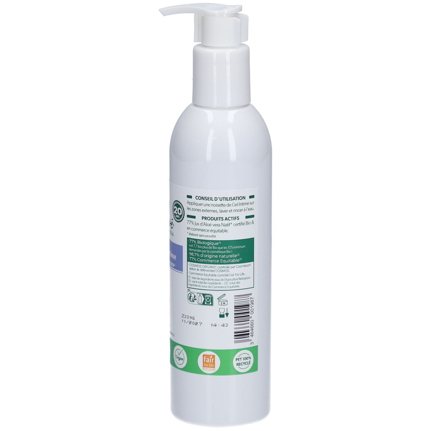 Rückseite der weißen Flasche. Text über Anwendung und Inhaltsstoffe. Logos für Bio-Zertifizierung und nachhaltige Produktion.