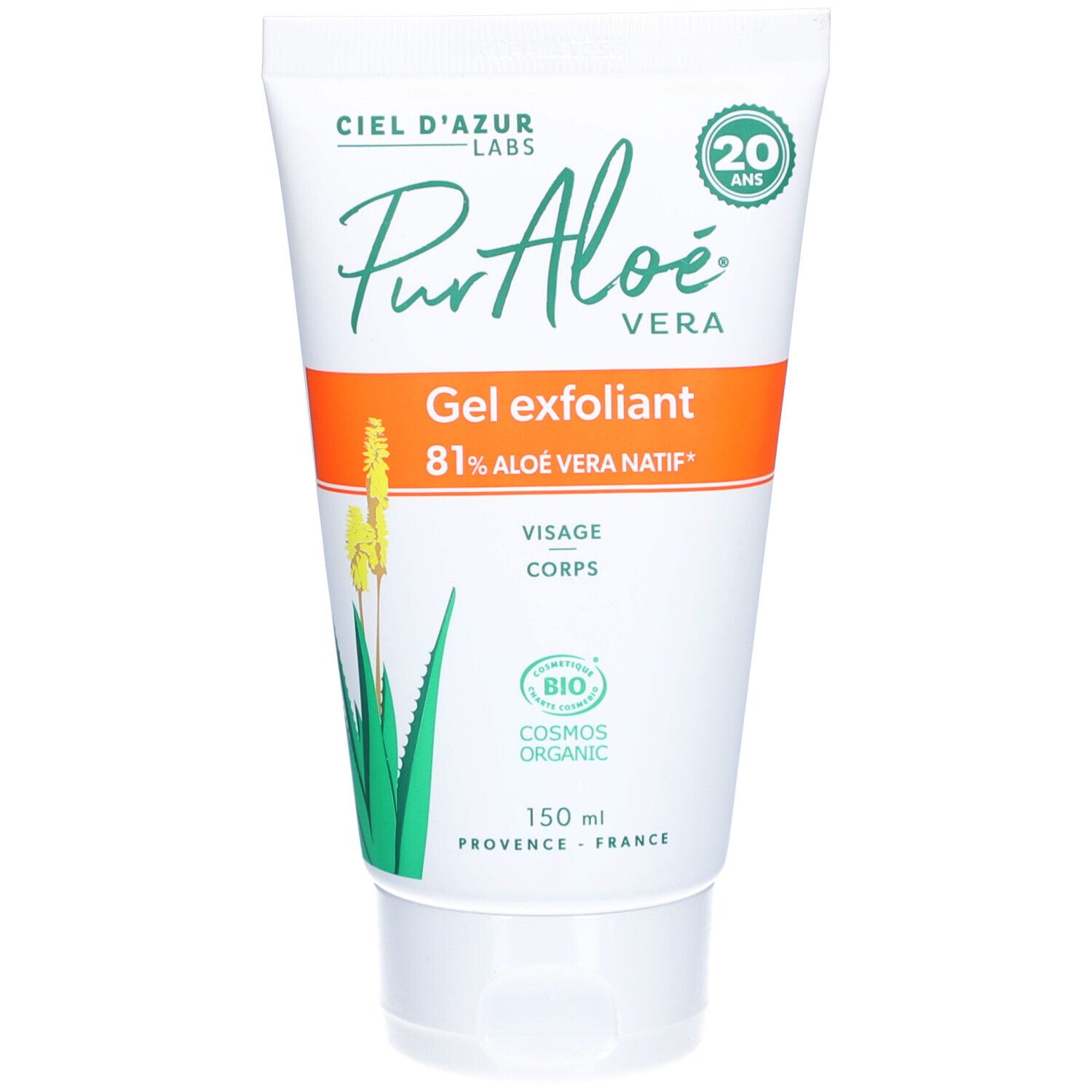 Weiße Tube mit CIEL D'AZUR PurAloé Gel Exfoliant. Orangefarbener Streifen mit Text. Aloe Vera-Illustration. BIO-Zertifizierung.