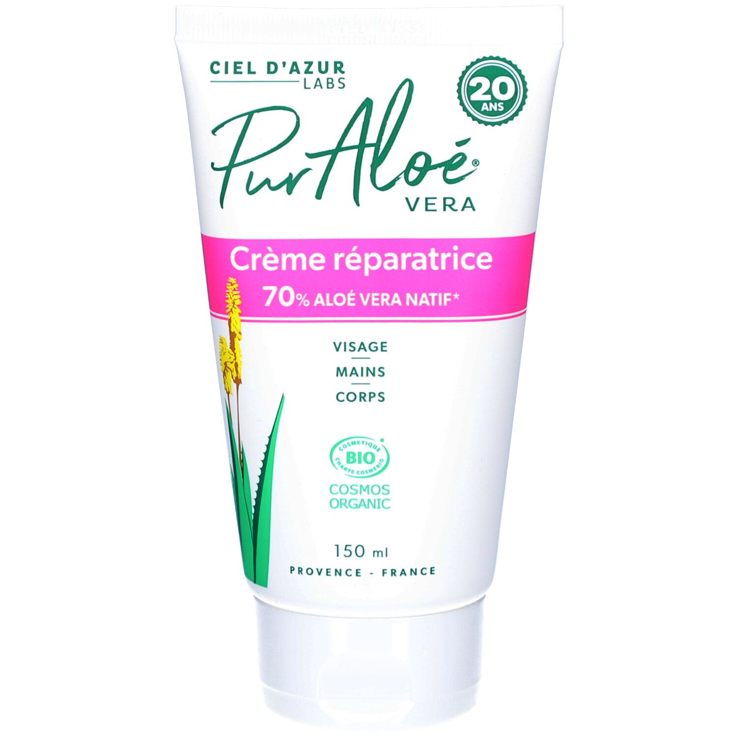 Tube blanc CIEL D'AZUR PurAloé Crème Réparatrice. Inscription rose, logo vert, 150 ml. Certification bio.