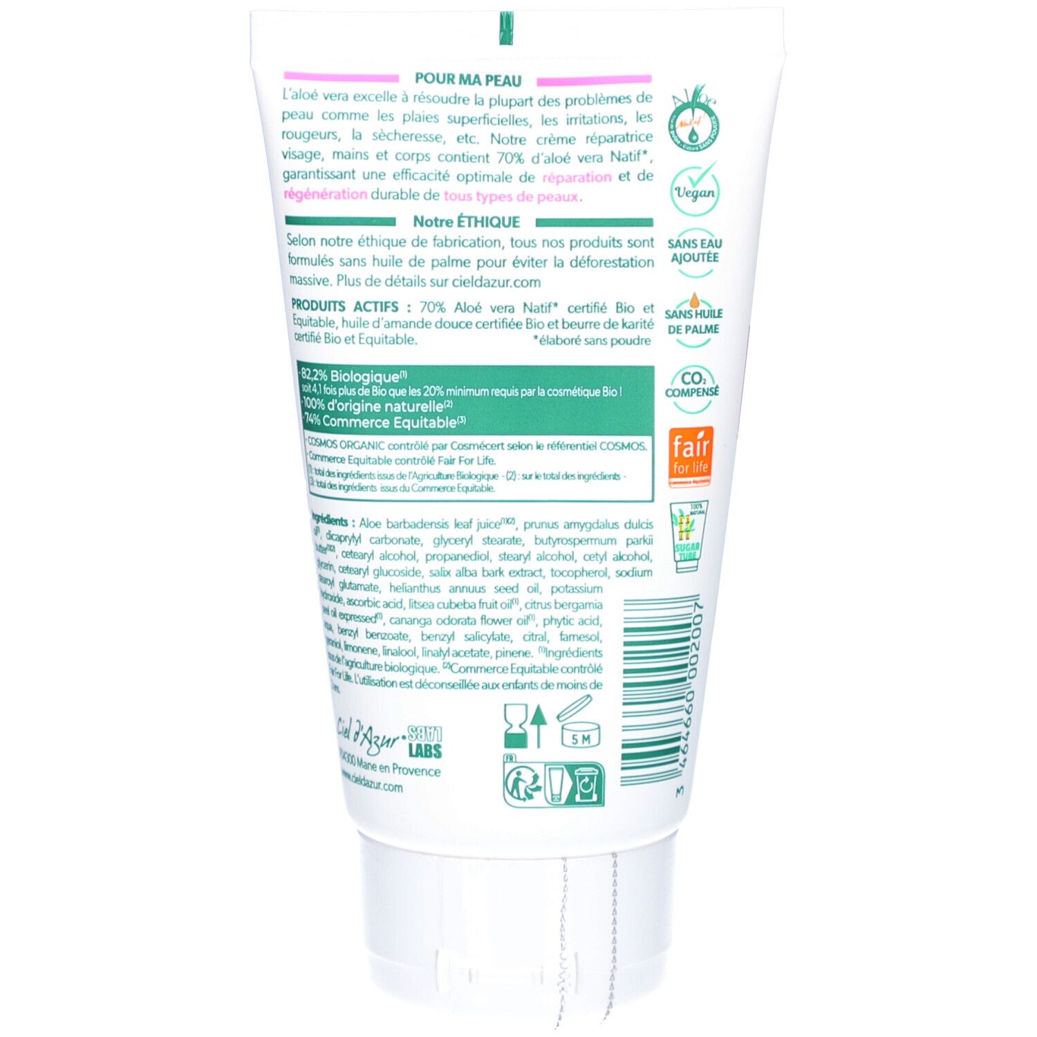 Dos du tube CIEL D'AZUR PurAloé Crème Réparatrice. Texte multilingue. Certification bio, Fair for Life.