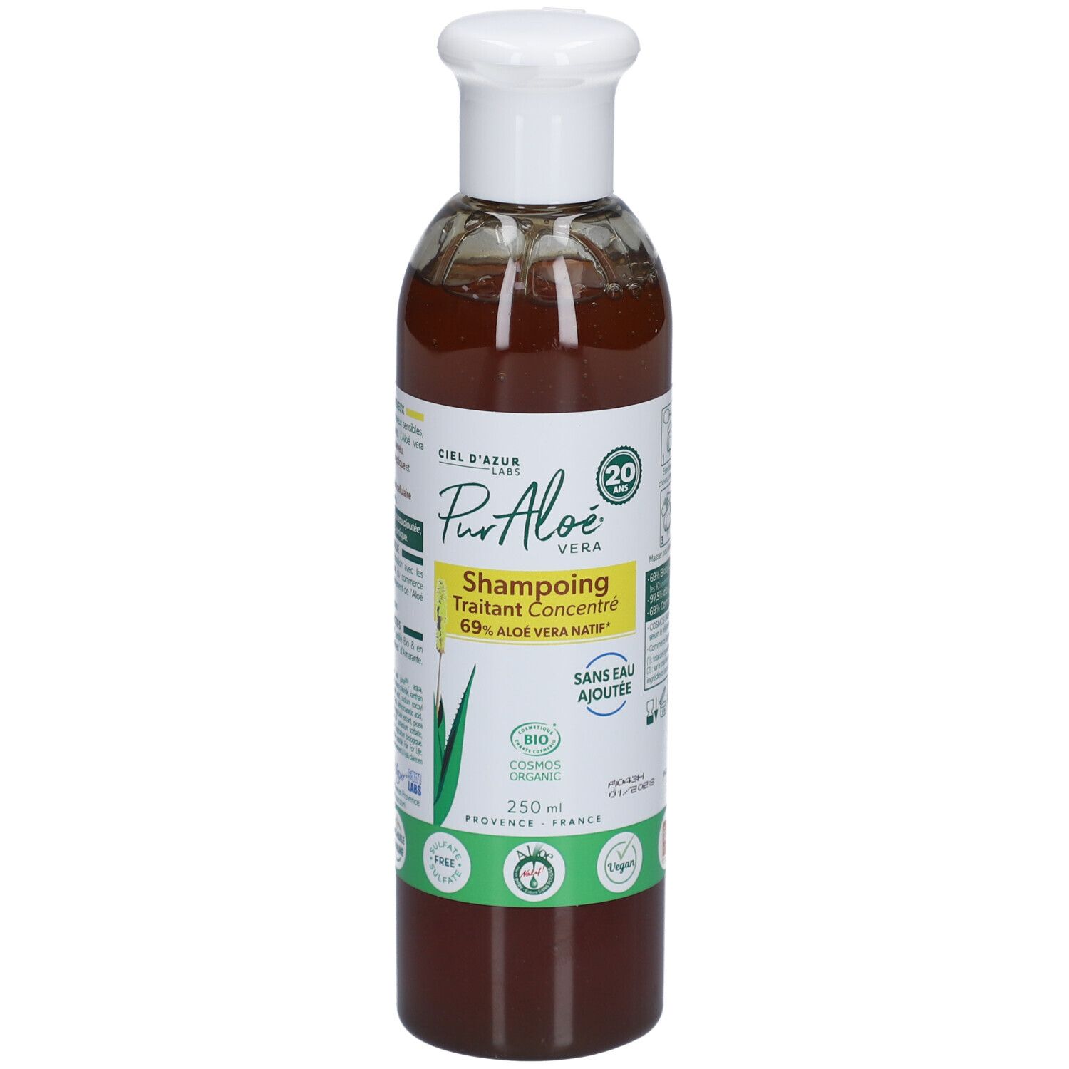 Braune Flasche CIEL D'AZUR PurAloé Shampooing Concentré. Weißer Deckel. Gelbes Etikett mit Text und Logos. 250 ml.