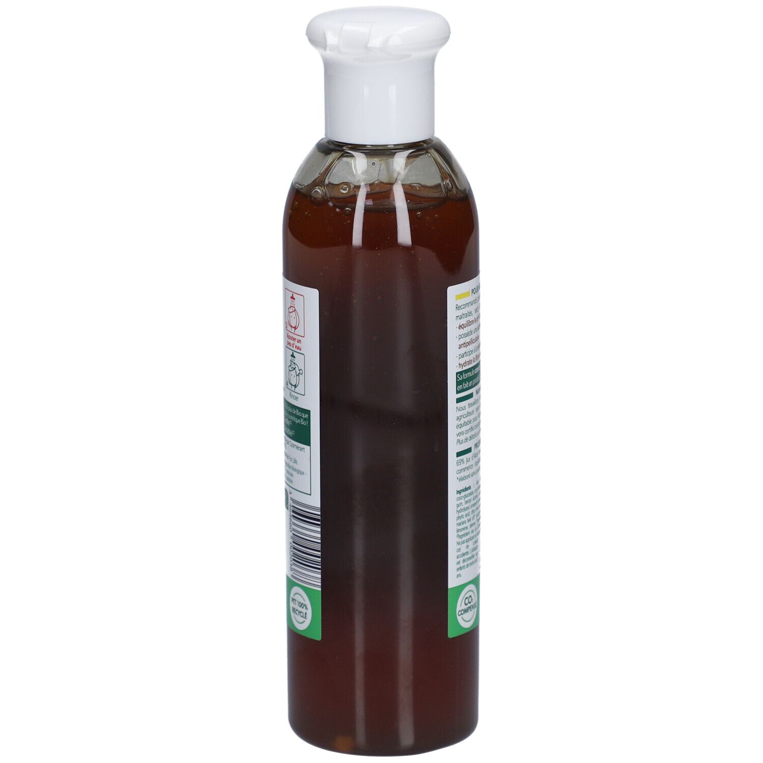Seite der Flasche CIEL D'AZUR PurAloé Shampooing Concentré. Text und Barcode auf weißem Etikett. Grüne Aufkleber.