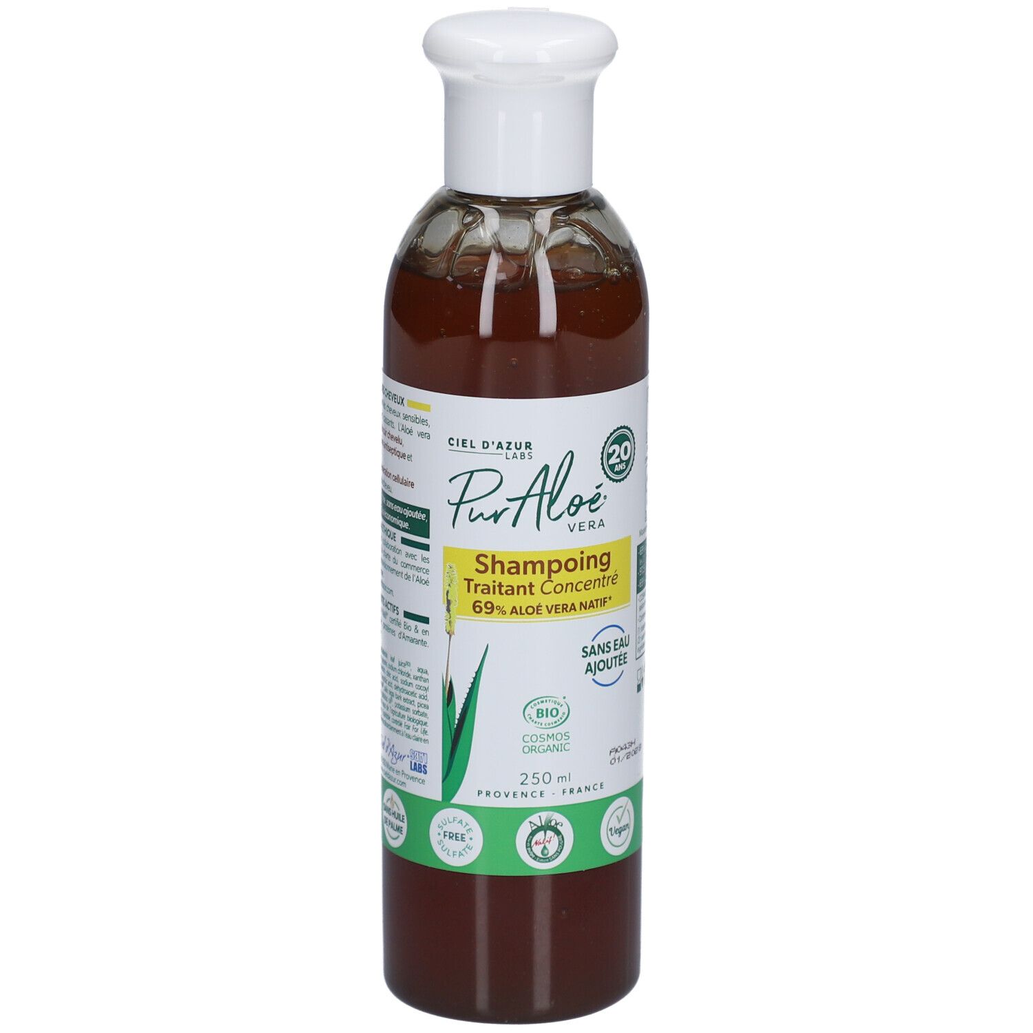 Braune Flasche CIEL D'AZUR PurAloé Shampooing Concentré. Weißer Deckel. Gelbes Etikett mit Text und Logos. 250 ml.