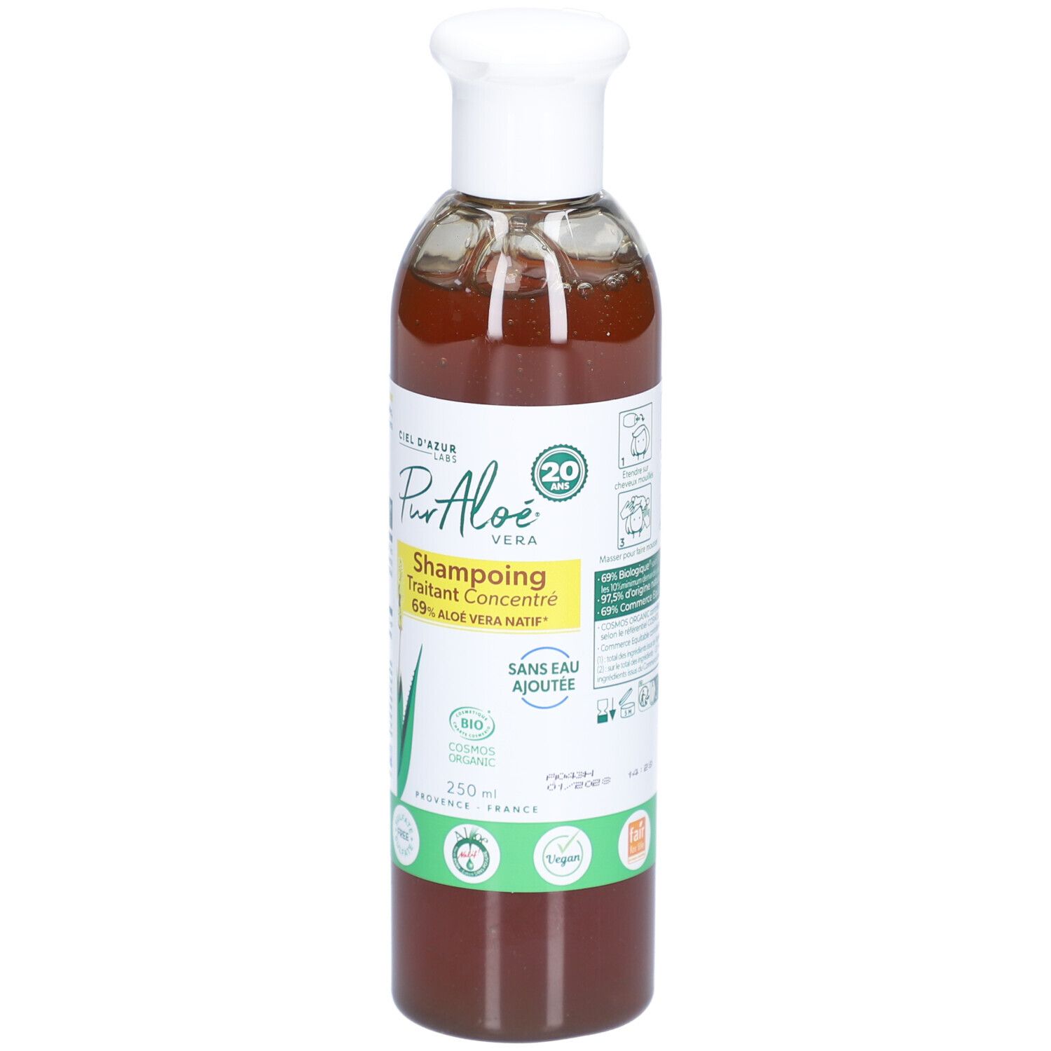 Braune Flasche CIEL D'AZUR PurAloé Shampooing Concentré. Weißer Deckel. Gelbes Etikett mit Text und Logos. 250 ml.