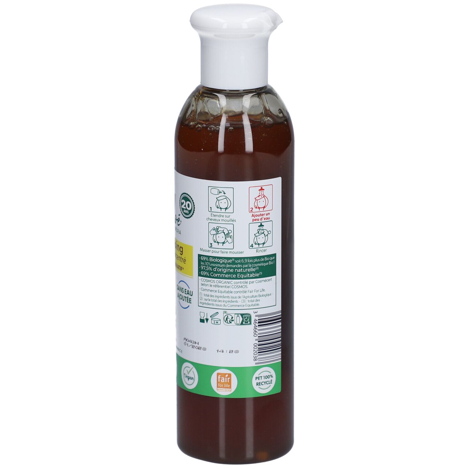 Rückseite der Flasche CIEL D'AZUR PurAloé Shampooing Concentré. Text und Logos auf weißem Etikett. Grüne Aufkleber.