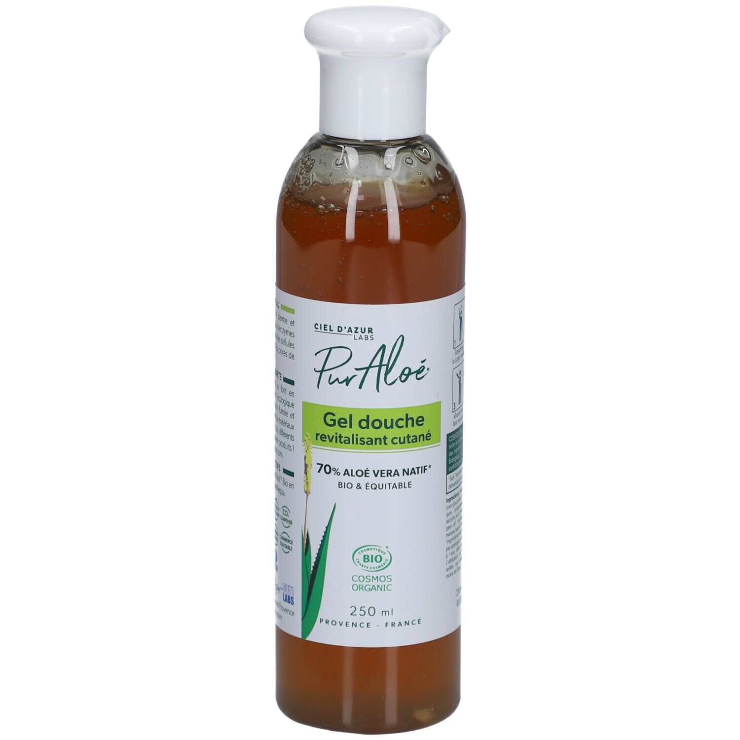 Klare Flasche mit weißem Deckel. Etikett mit Produktnamen, Aloe Vera-Logo und Bio-Zertifizierung. 250 ml.