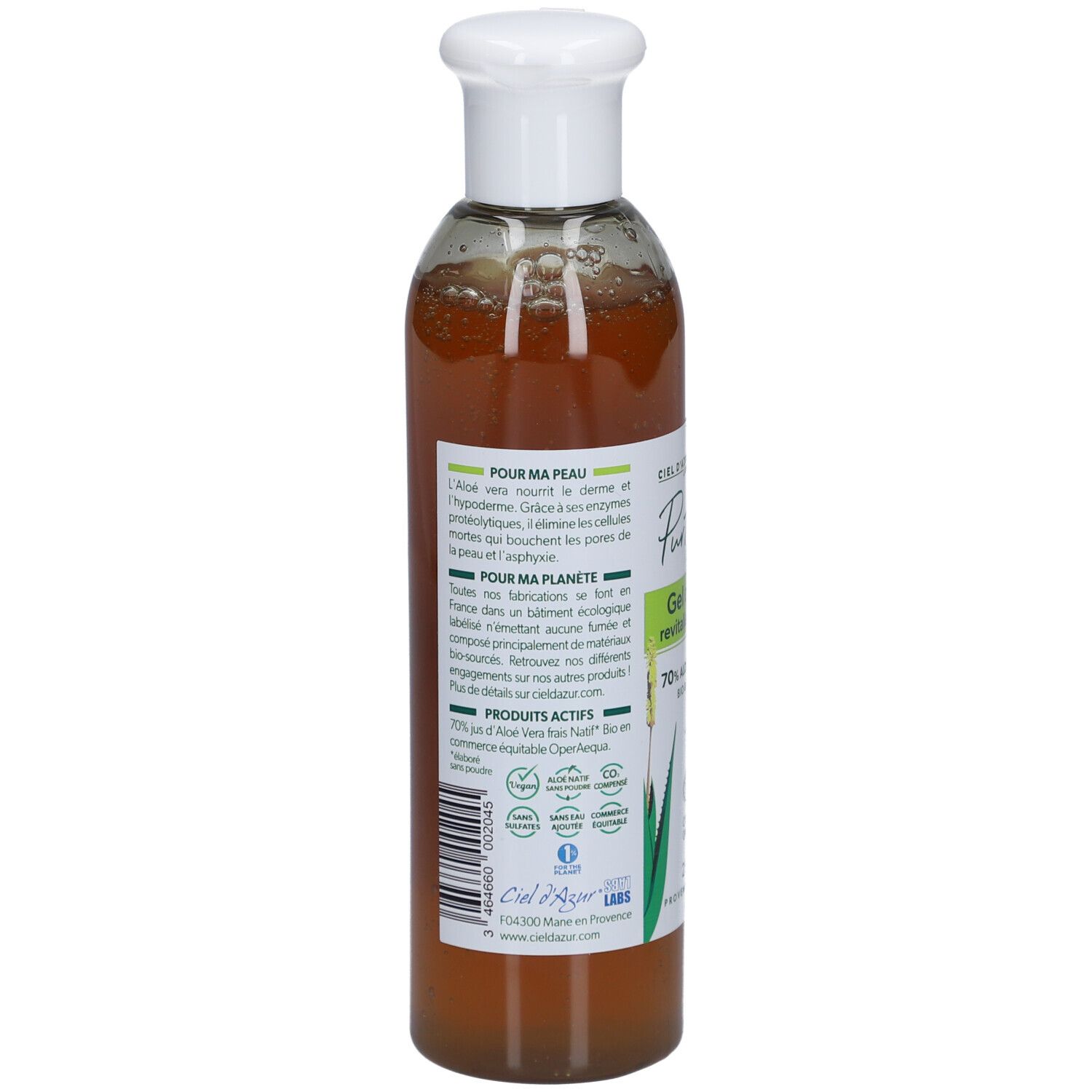 Rückseite der Flasche. Text über Inhaltsstoffe und Nachhaltigkeit. Bio-Zertifizierungen und Aloe Vera-Logo.