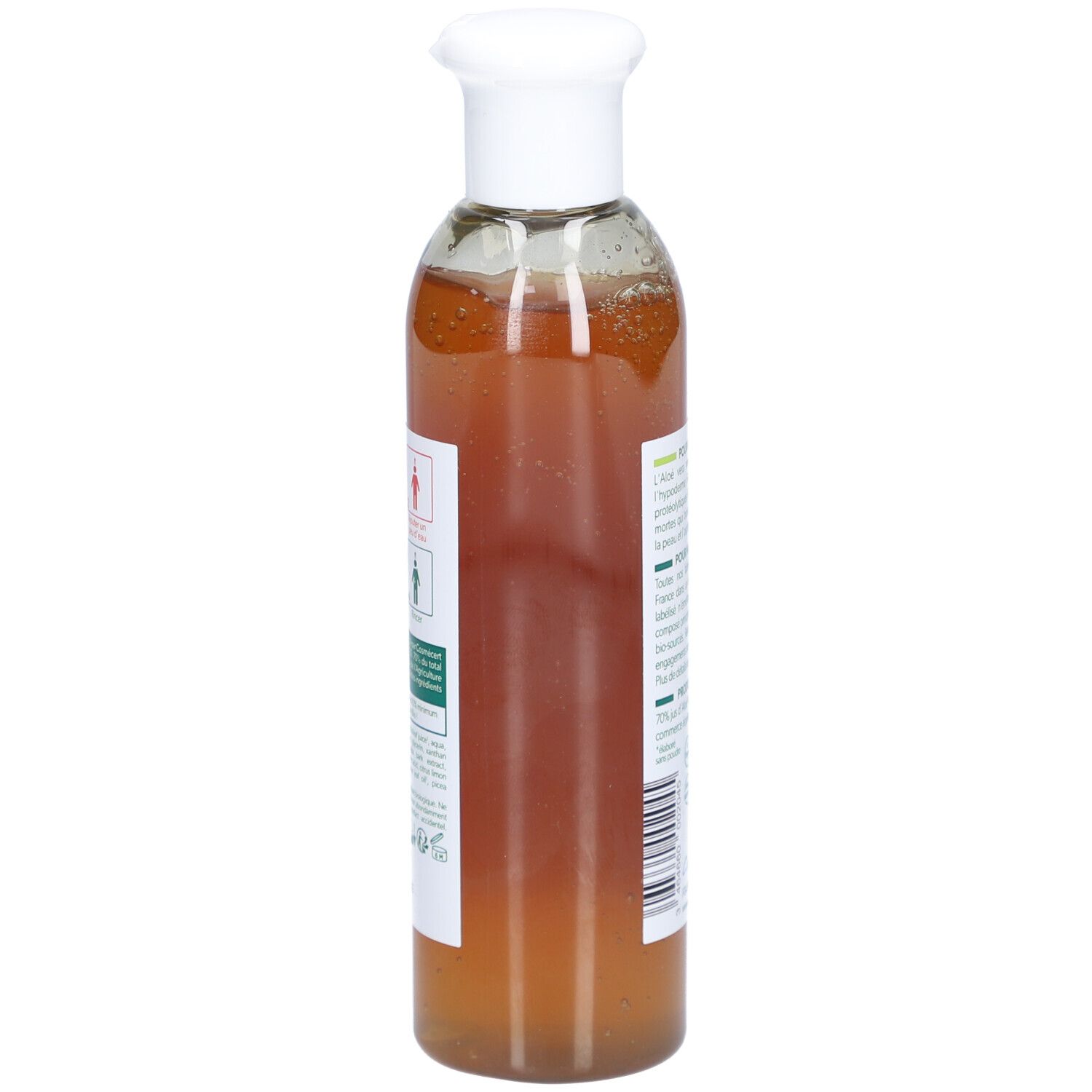 Rückansicht der Flasche. Etikett mit Text und Piktogrammen. Flasche mit brauner Flüssigkeit gefüllt.