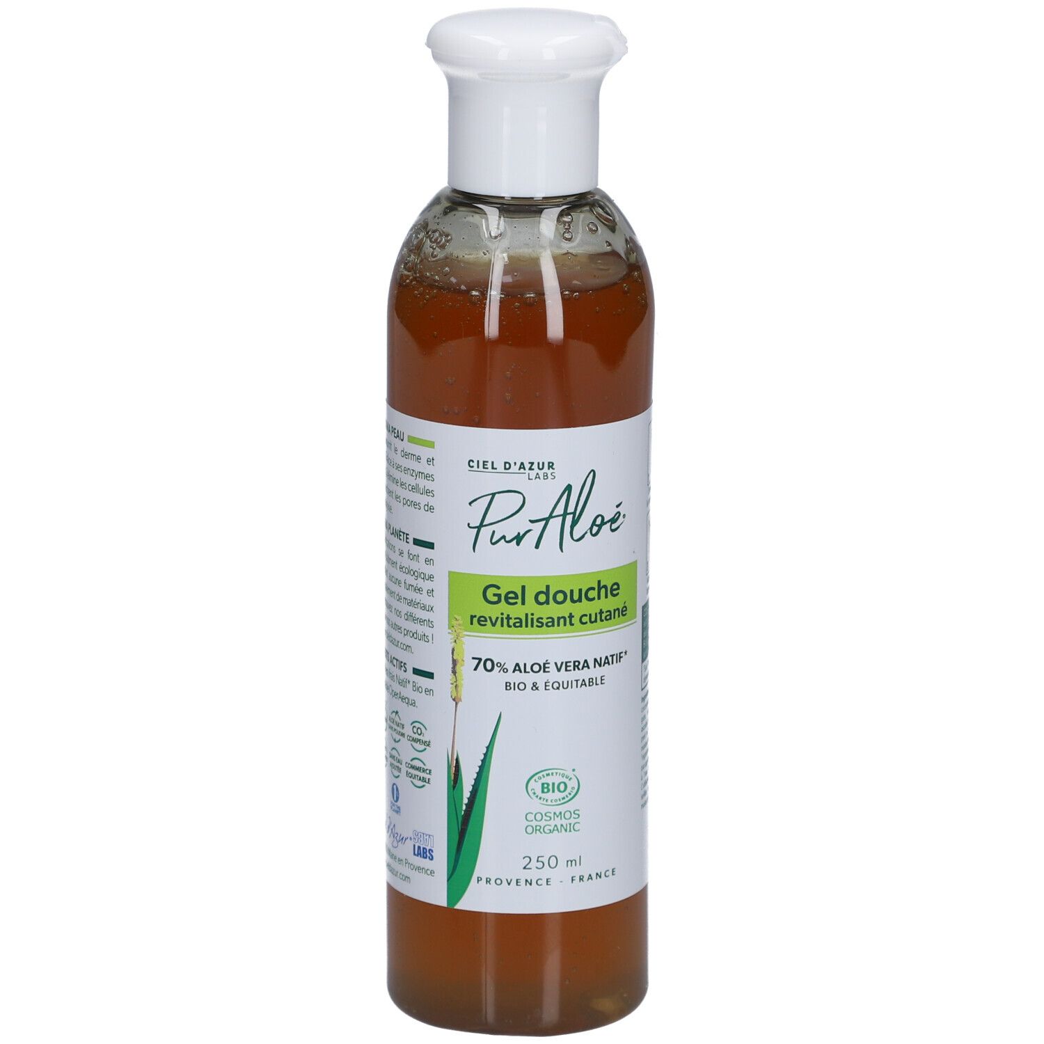 Klare Flasche mit weißem Deckel. Etikett mit Produktnamen, Aloe Vera-Logo und Bio-Zertifizierung. 250 ml.