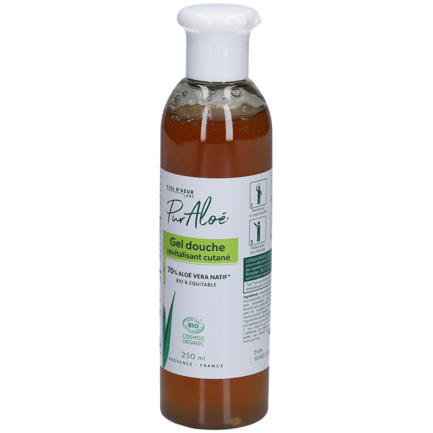 Flasche mit weißem Deckel. Etikett mit Produktnamen, Aloe Vera-Logo und Bio-Zertifizierung. 250 ml.