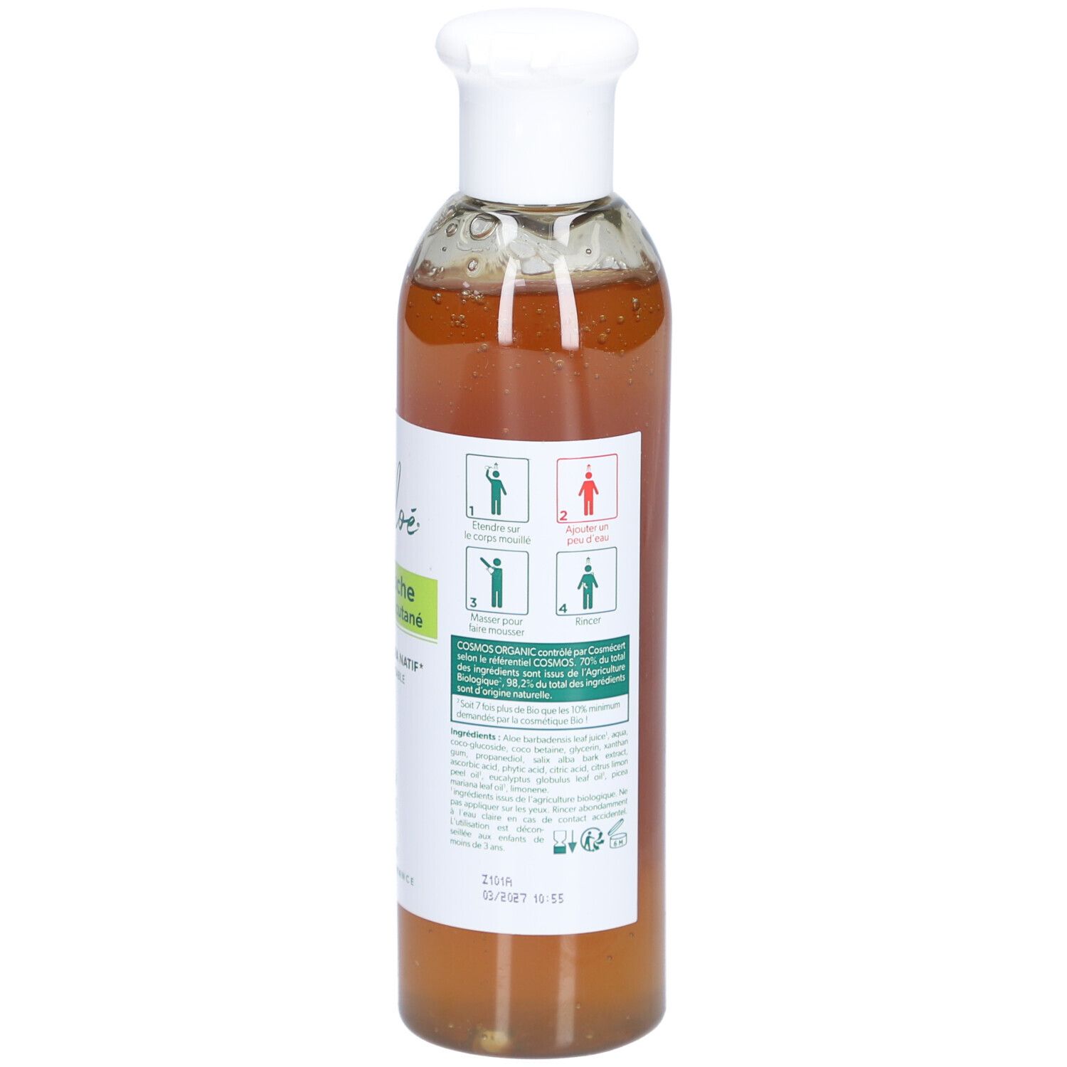 Rückseite der Flasche. Etikett mit Text, Piktogrammen und Bio-Zertifizierungen. Braune Flüssigkeit sichtbar.