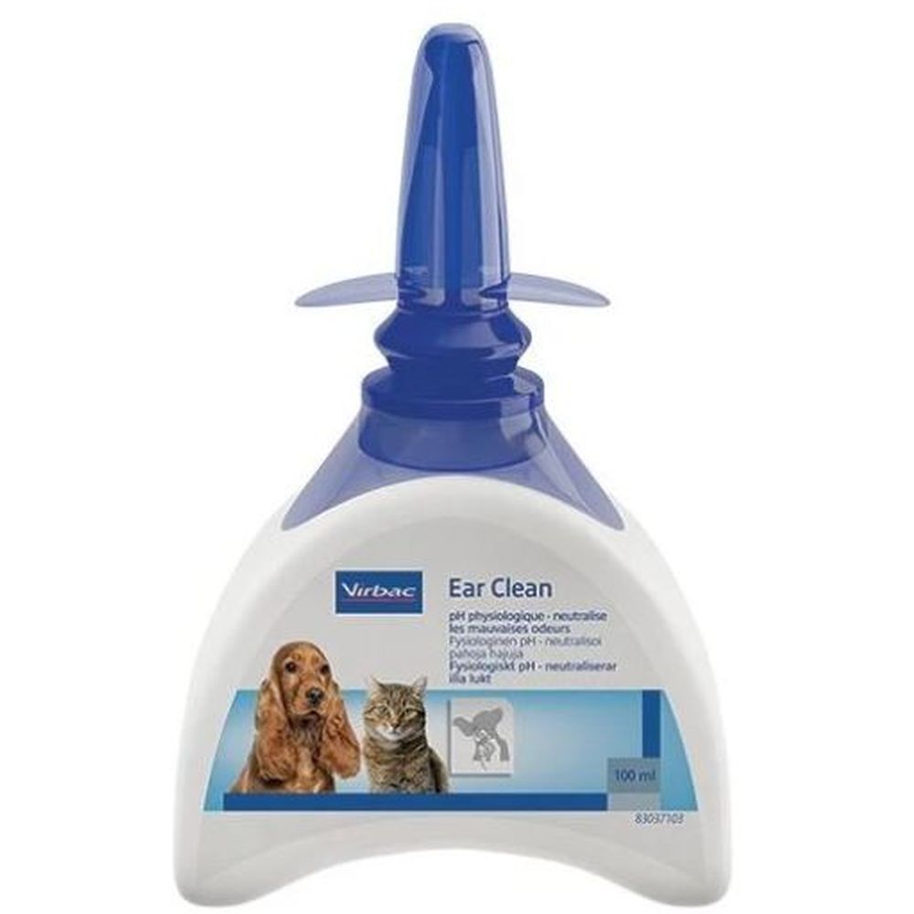 Flasche mit blauem Applikator. Aufschrift "Ear Clean" und Logo. Abbildung von Hund und Katze. 100 ml.