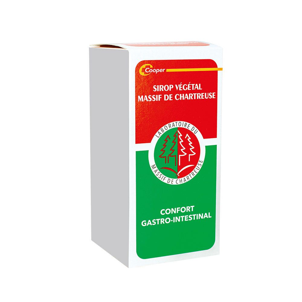 Weiße Schachtel mit rotem und grünem Design. Text: SIROP VÉGÉTAL DU MASSIF DE CHARTREUSE, Confort gastro-intestinal.