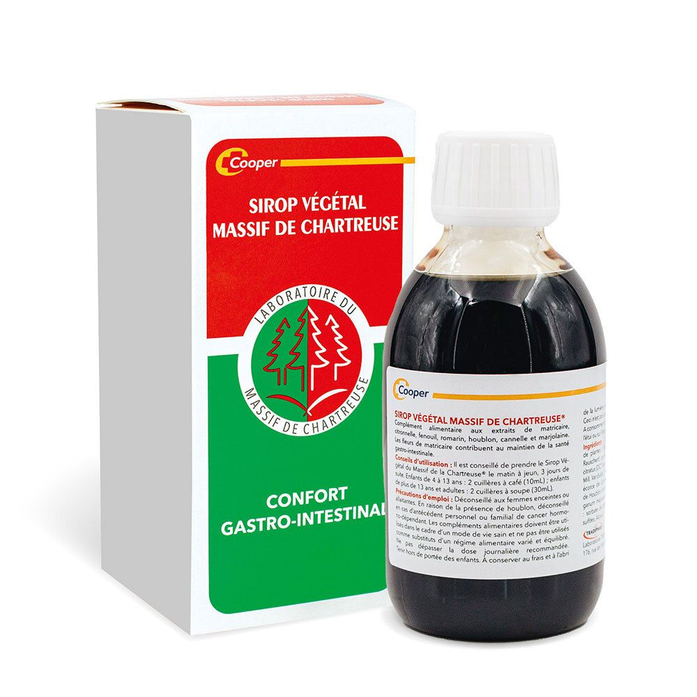 Produktflasche und Schachtel. Flasche mit brauner Flüssigkeit. Schachtel mit rotem und grünem Design. Text: SIROP VÉGÉTAL.