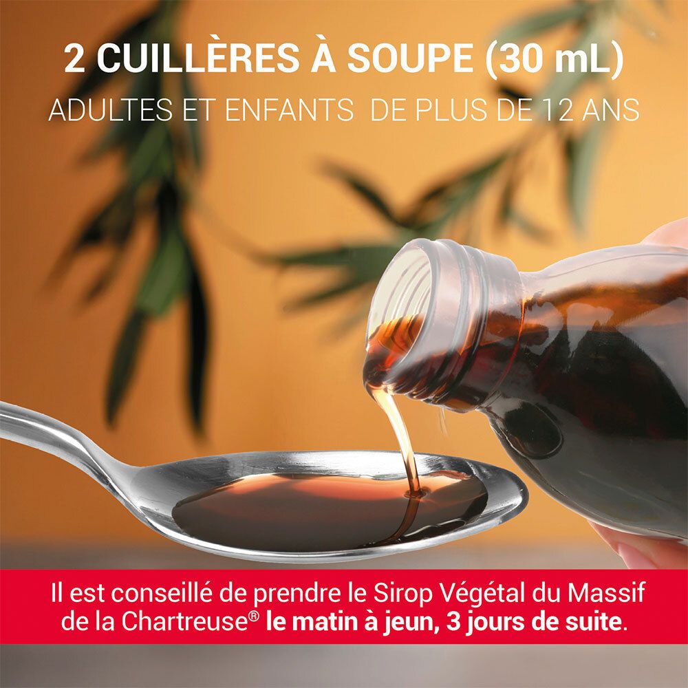 Löffel mit brauner Flüssigkeit. Text: 2 CUILLES À SOUPE (30 ml). Text: Il est conseillé de prendre le Sirop Végétal du Massif de la Chartreuse.