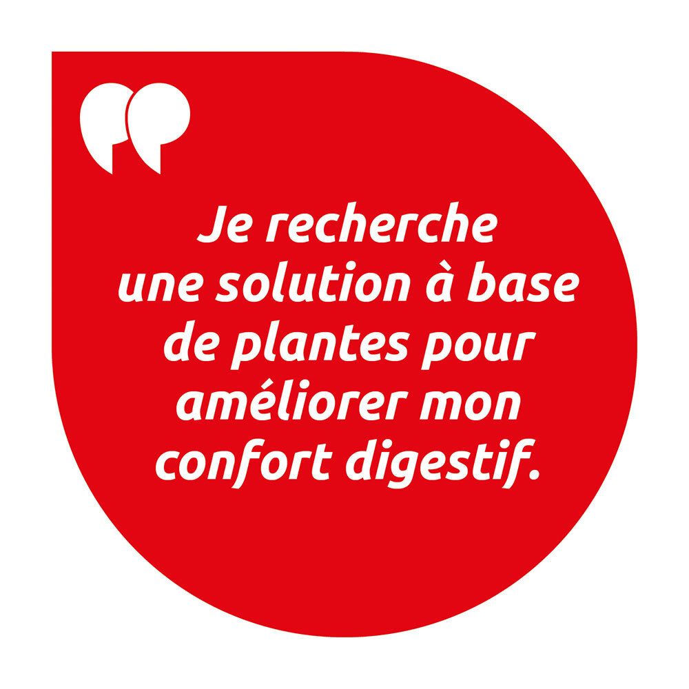 Roter Kreis mit Text: Je recherche une solution à base de plantes pour améliorer mon confort digestif.