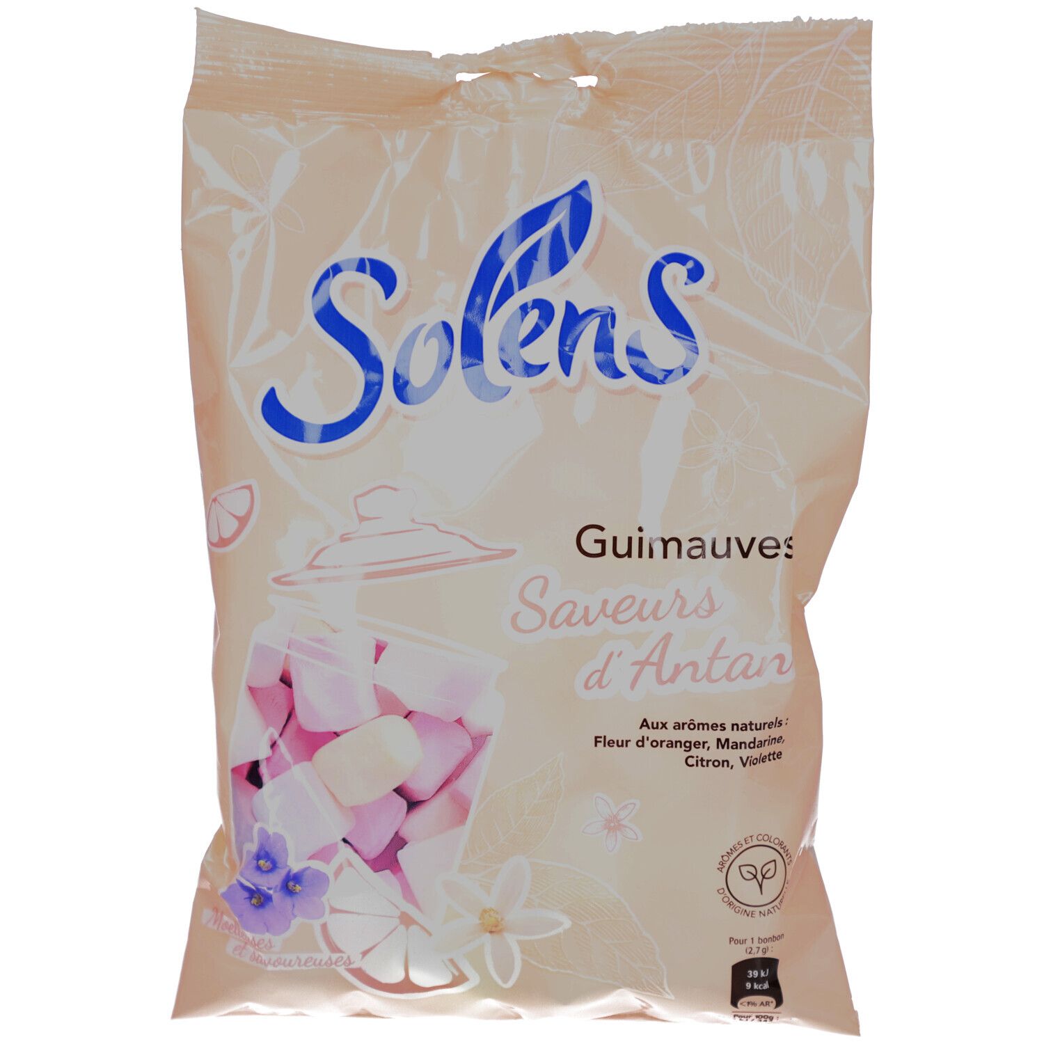 Sachet de guimauves SOLENS. Inscription: Guimauves Saveurs d'Antan. Illustration de guimauves dans un bocal.