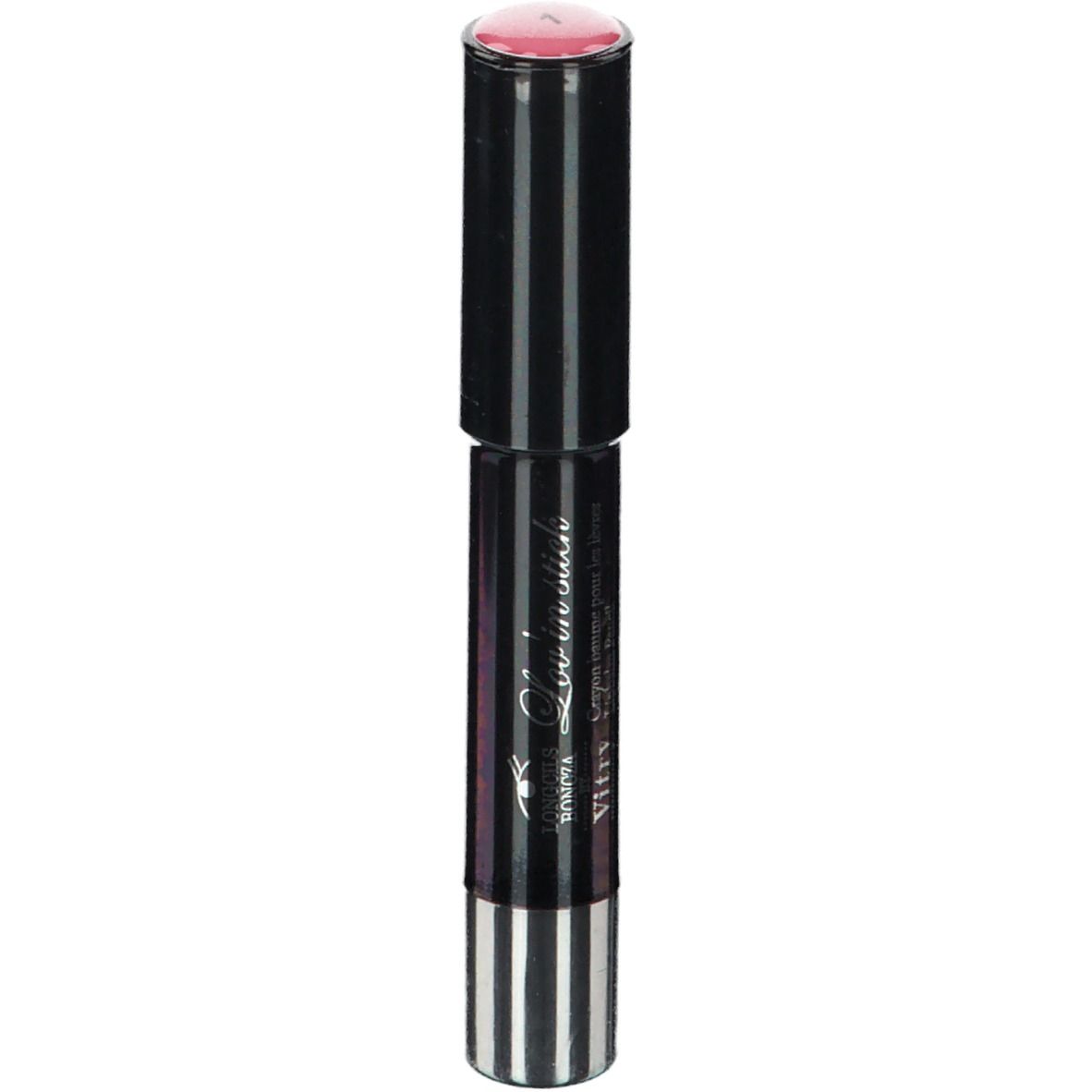 Lippenstift mit schwarzem und weißem Streifenmuster. Rosa Lippenstiftspitze. Marke Vitry.