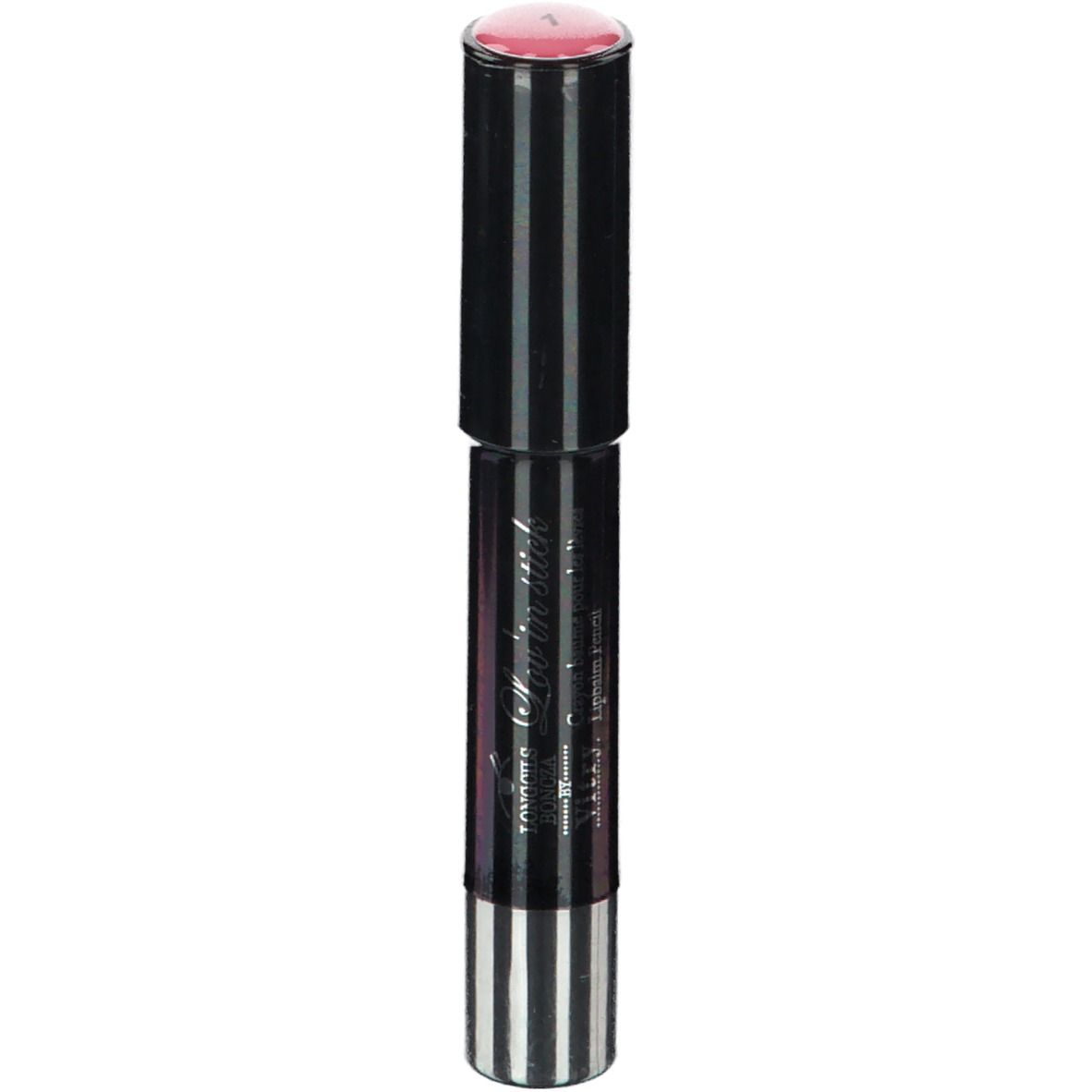Lippenstift mit schwarzem und weißem Streifenmuster. Rosa Lippenstiftspitze. Marke Vitry.
