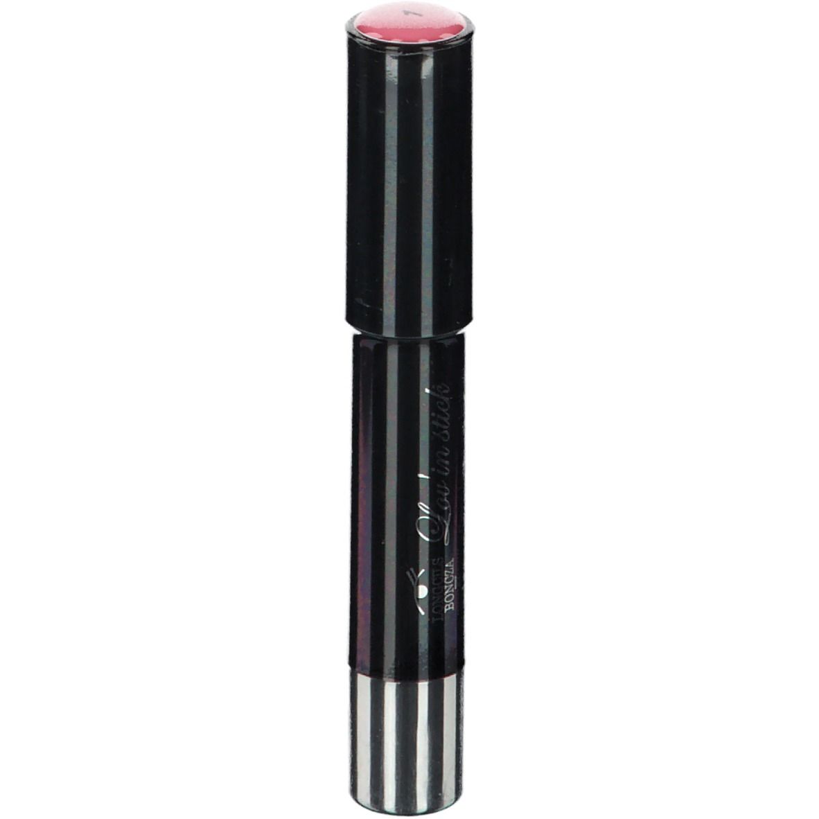 Lippenstift mit schwarzem und weißem Streifenmuster. Rosa Lippenstiftspitze. Marke Vitry.