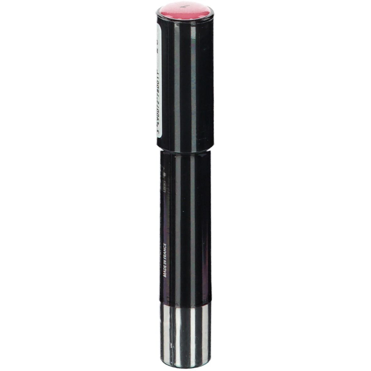 Lippenstift mit schwarzem und weißem Streifenmuster. Rosa Lippenstiftspitze. Marke Vitry.